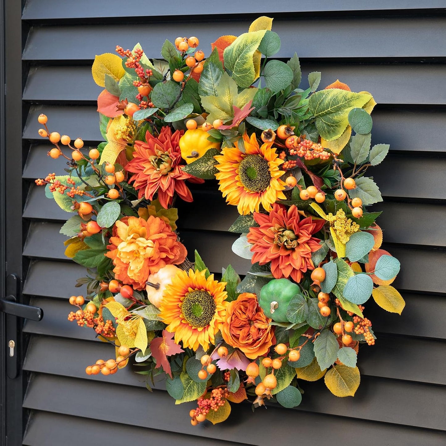 Fall Wreaths for Front Door 24 Inch Autumn Wreath with Sunflowers, Orange Dahlias, Maple Leaves & Berries – Fall Door Wreath for Outdoor or Indoor Thanksgiving Decor