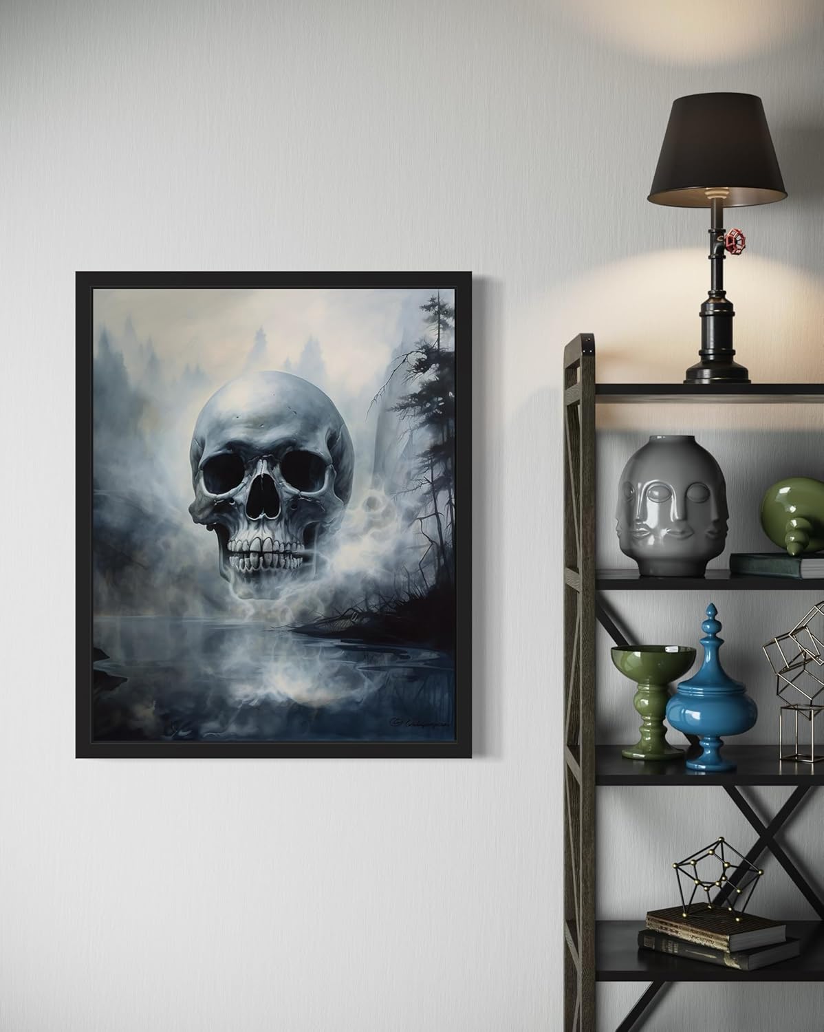 Foggy Skull Poster Art Print, Halloween Scary Vintage Wall Art Academia Spooky Painting Decoration for Horror Prints, Gothic Posters Bedroom Decor 89 (Foggy Skull, 11 x 14 inches, Black Frame)