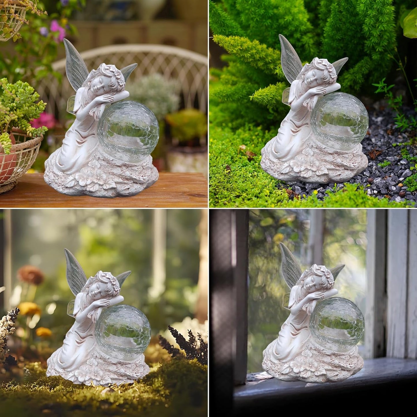 Fairy Garden Statue ，Solar Garden Decor ，Fairy Statue Outdoor with Glass Ball ，Waterproof Outdoor Decor，Suitable for Yard, Lawn ，Ideal for Holiday Giving (Left)