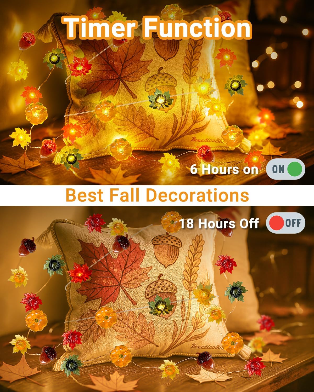 btfarm Fall Decor 16.4FT 50 LED 3D Pumpkin Maple Leaf Acorn Fairy String Lights Battery Operated with Remote Timer, Thanksgiving Decorations Waterproof for Home Autumn Harvest Halloween Party