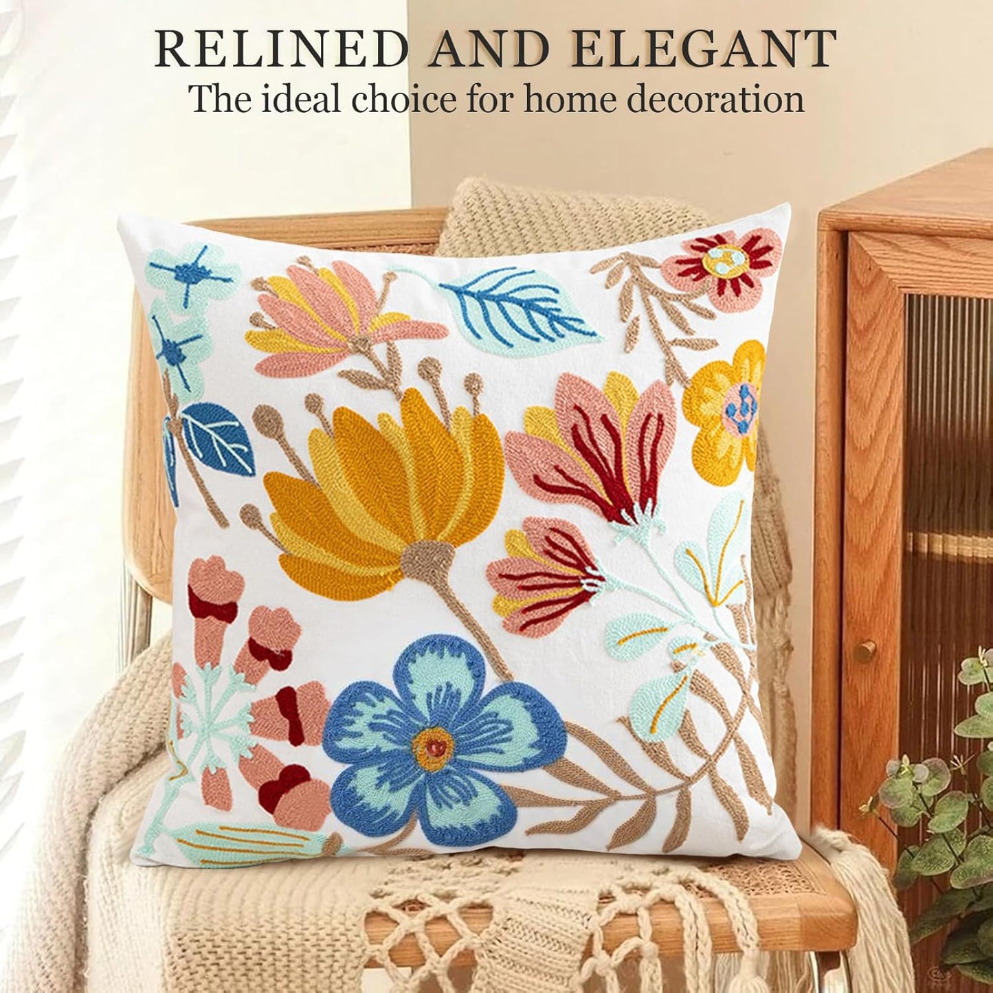 Embroidered Pillow Cover Colorful Farmhouse Floral Cushion Case Farmhouse Jacquard Throw Pillow Covers for Living Room Couch Vibrant Bloom