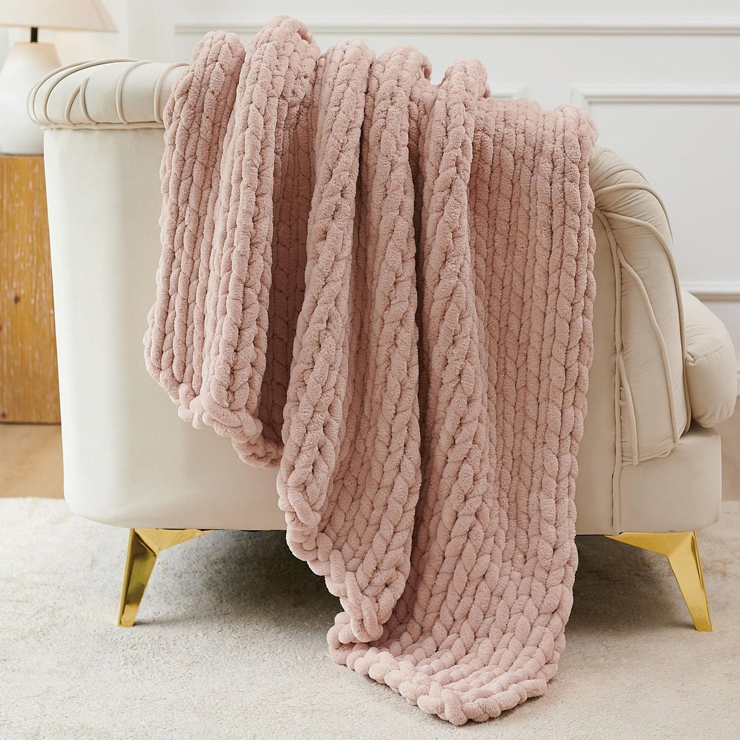 Esterra Chunky Knit Throw Blanket Newly Upgraded Heavy Tighter Version, Handmade Chenille Throw Super Soft, Thick Yarn Cable Knit Crochet Throw Blanket for Couch Bed Sofa, 50" x60, Coral Pink