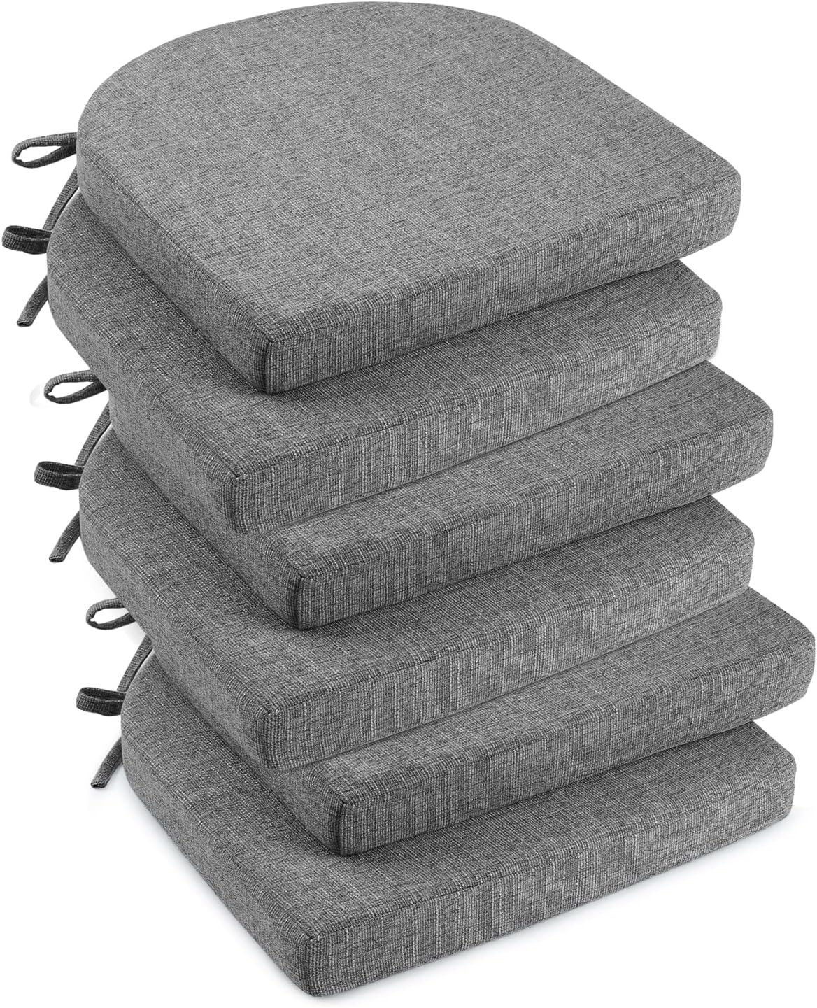 downluxe Indoor Chair Cushions for Dining Chairs, Soft and Comfortable Textured Foam Kitchen Chair Pads with Ties and Non-Slip Backing, 16" x 16" x 2", Dark Grey, 6 Pack