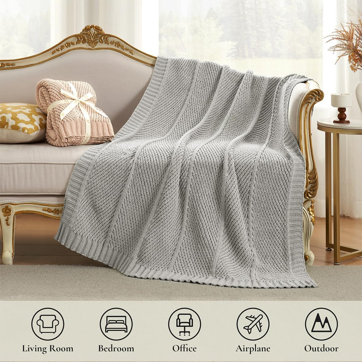 Amélie Home Chenille Knit Throw Blanket for Couch, Chevron Texture Decorative Soft Blanket for Sofa, Bed & Chair, 60"x80", Light Grey