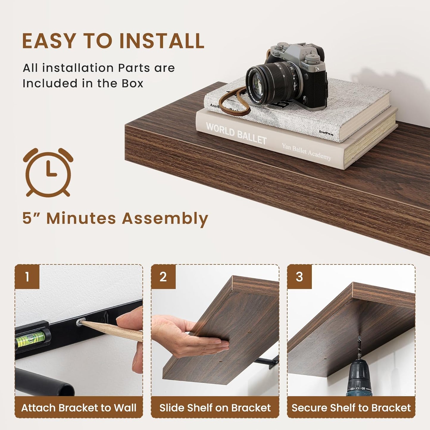 fuqing Floating Shelves for Wall, Bathroom Shelf Wall Mounted for Storage, Shelves with Invisible Bracket for Bedroom, Kitchen, Living Room, Farmhouse Small Book Shelf, 32 Inch Set of 2, Walnut