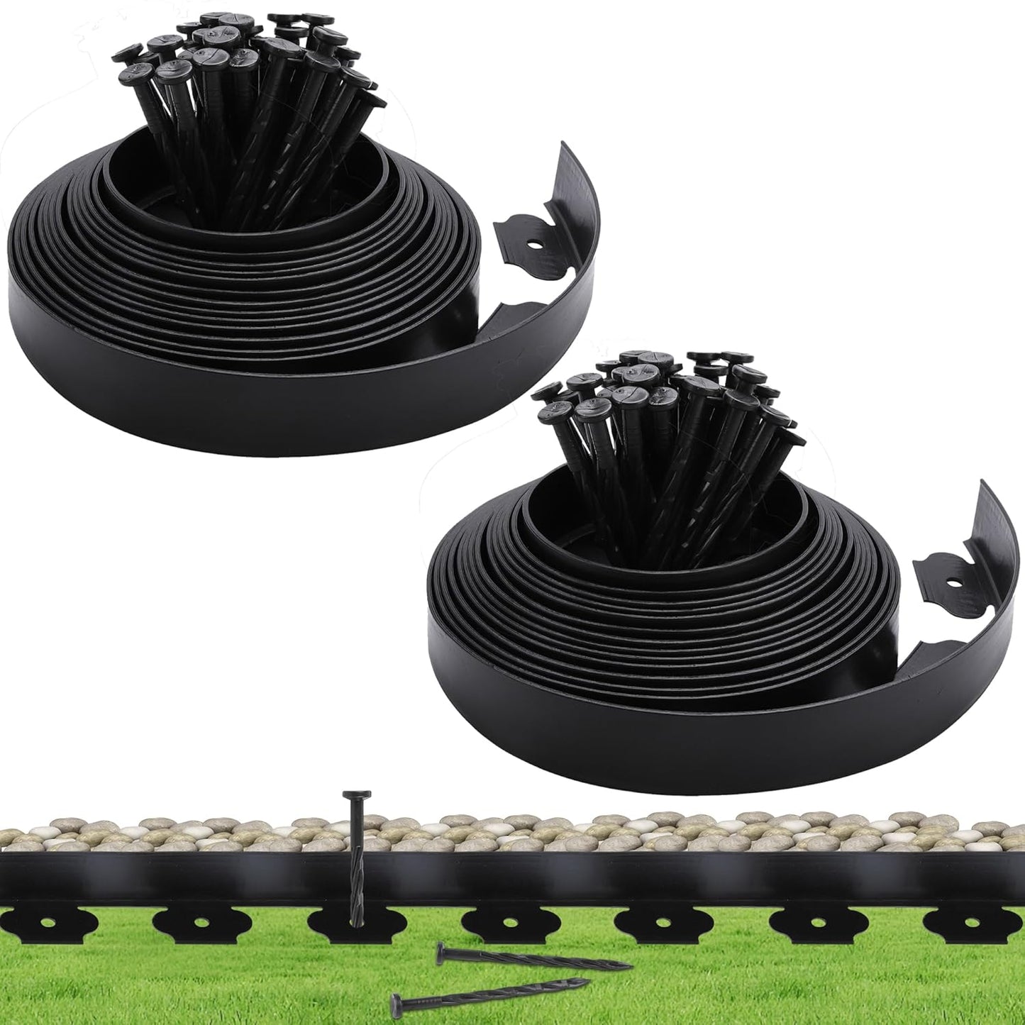 Garden Landscape Edging Kit Flexible Lawn Edging, Landscape Edging Border 33 FT with 30 Spikes, 2" Tall No Dig Garden Edging Roll for Landscaping Flower Beds Yard Pathway (2IN x 66FT, Black)