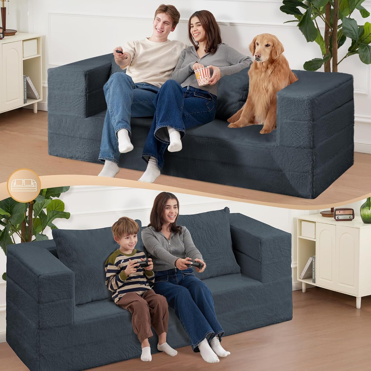 Folding Bean Bag Chair for Adults,3-in-1 Bean Bag Couch Faux Fur Floor Sofa Large Beanbag Convertible Bean Bag Sofa Bed with Pillow in Bedroom,Living Room,Apartment(Queen,Dark Grey)