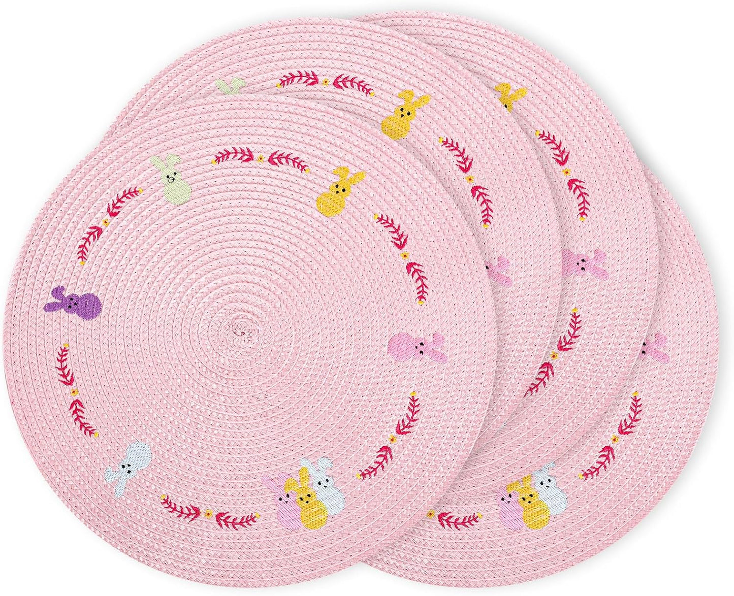 Whaline 4Pcs Round Bunny Easter Placemats Pink Rabbit Embroidered Place Mats Spring Cute Rabbit Dinner Table Mat Easter Dining Kitchen Table Mats for Home Wedding Baby Shower Birthday Party Decor