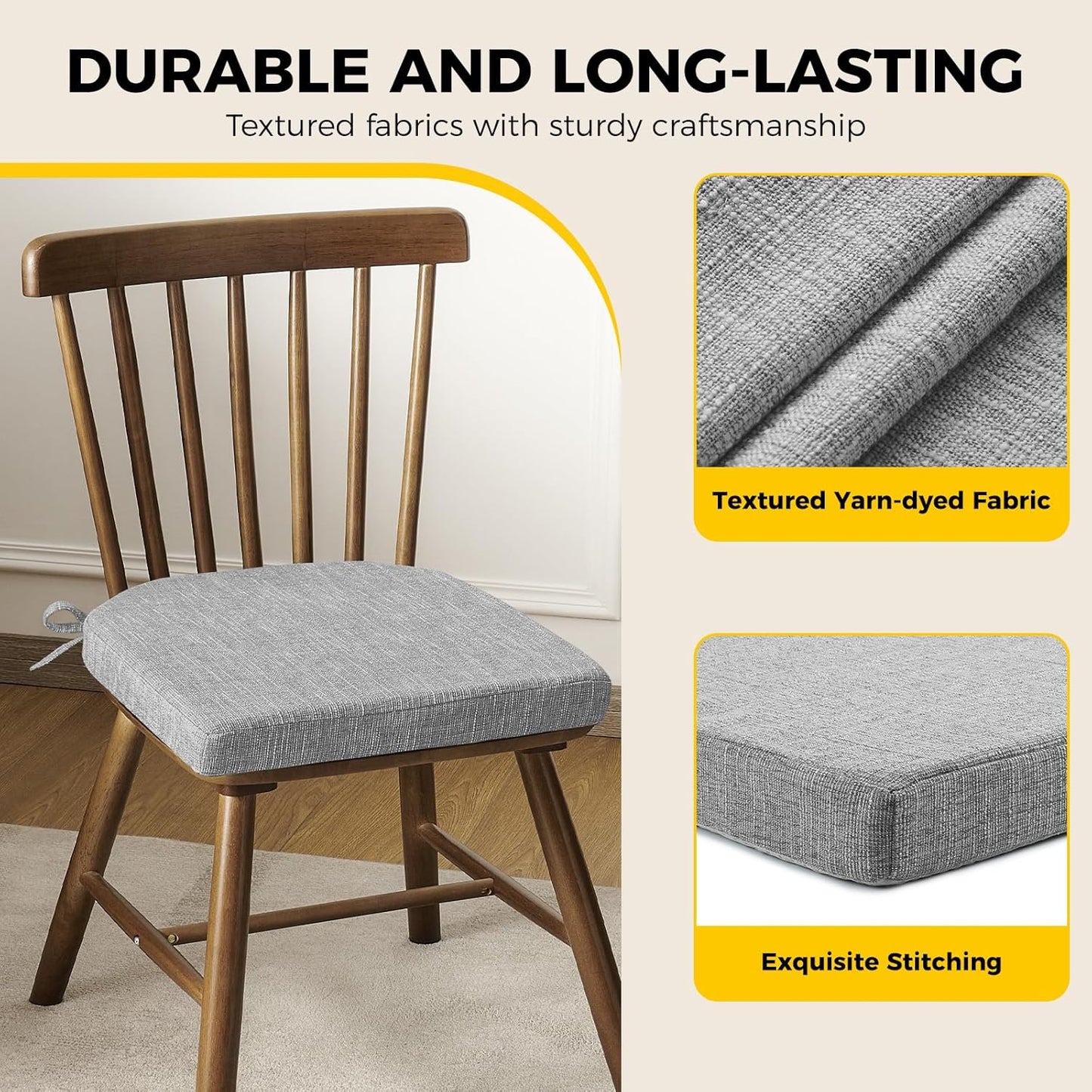 downluxe Indoor Chair Cushions for Dining Chairs, Soft and Comfortable Textured Foam Kitchen Chair Pads with Ties and Non-Slip Backing, 16" x 16" x 2", Light Grey, 6 Pack