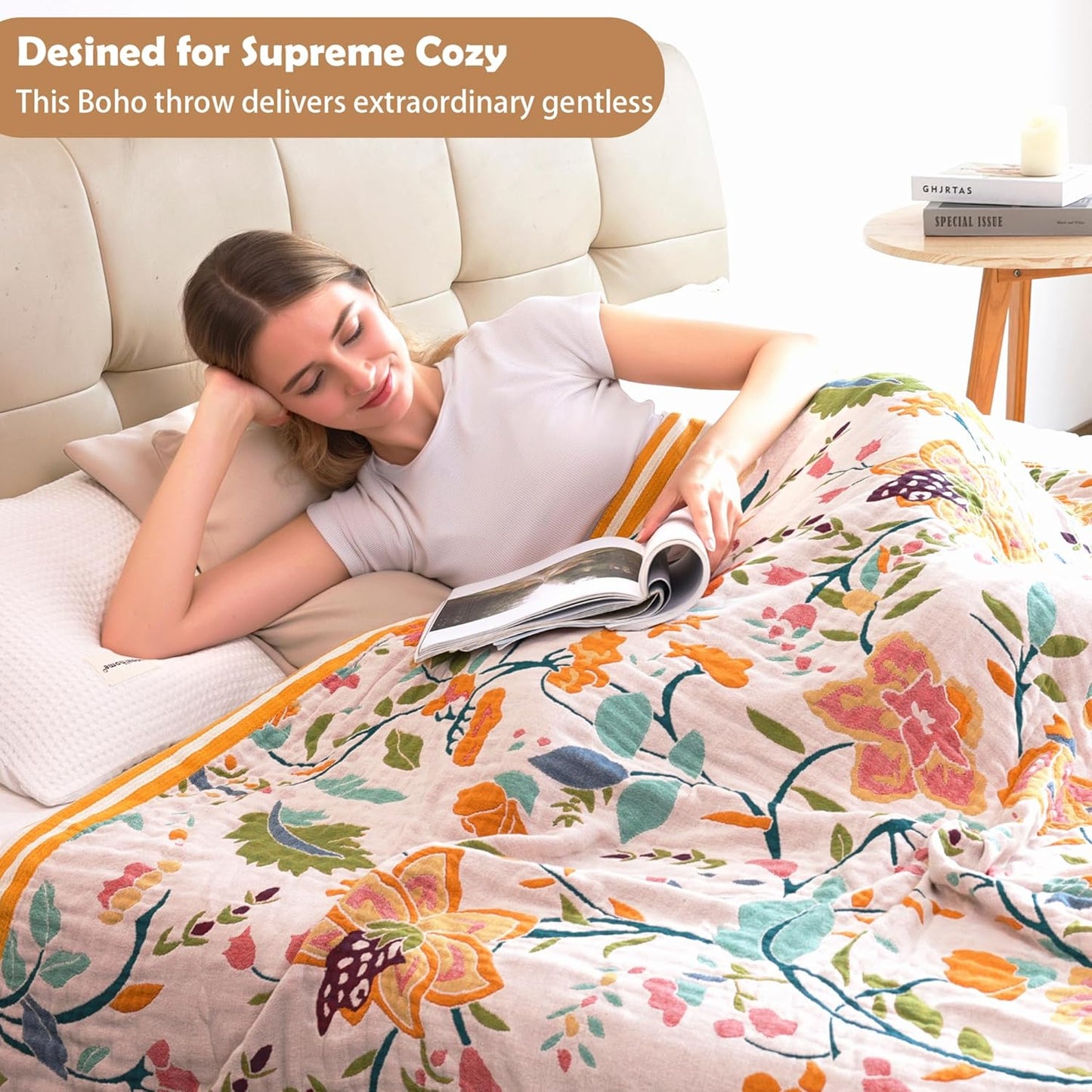 Boho Throw Blanket, 100% Organic Cotton Breathable Ultra Soft 91" x 98" Bed Quilt Throw - All Season Floral Rustic Farmhouse Decor Luxury Reversible Blanket for Sofa Couch Chair and Gift