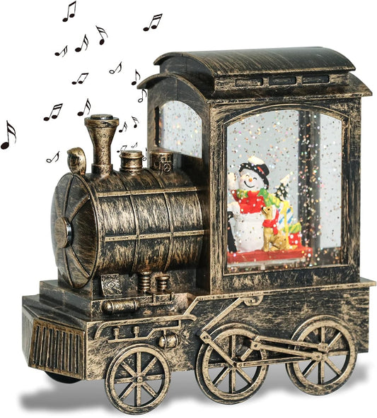 GenSwin Christmas Snow Globe Lantern Train Water Swirling Glitter with 6H Timer, Musical LED Lighted Battery Operated Snowman Scene for Christmas Home Decoration and Gift(Copper)