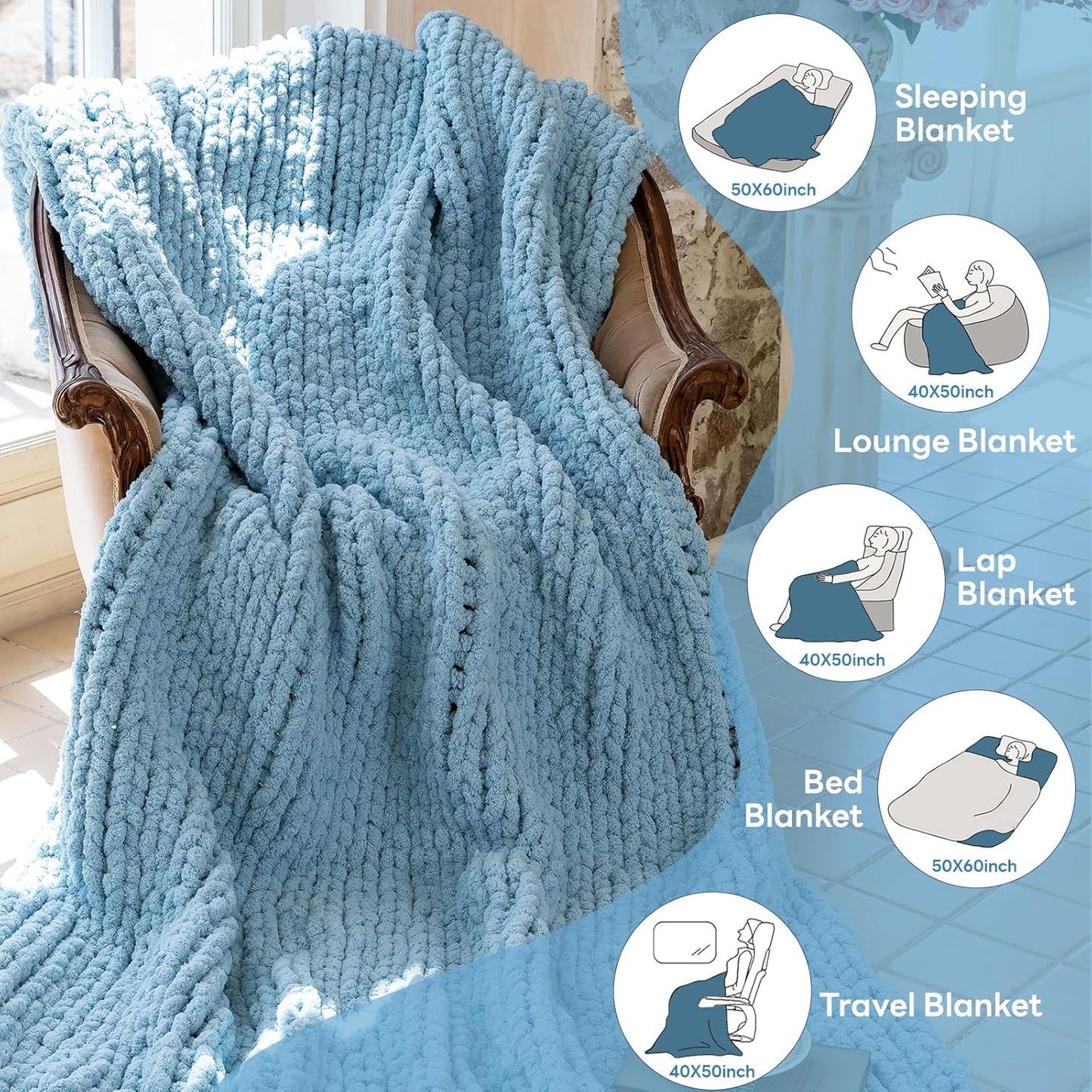Chunky Knit Blanket - Luxury Soft Cozy 40 * 50 Throw Blanket,100% Woven Blanket Rope Knot Throw Blanket for Couch, Sofa, Home Decor, Gift - Machine Washable（Light Blue）