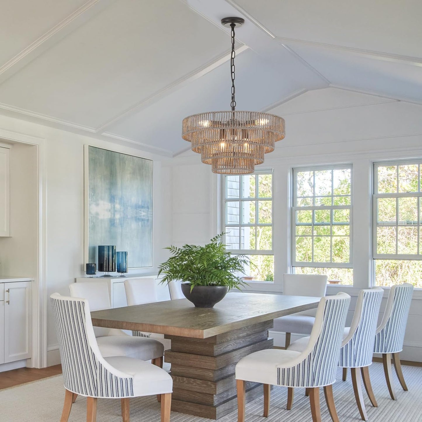 20” Hand-Woven Rattan Chandelier 6-Lights Transitional Minimalist 4 Round Boho Large Coastal Pendant Light for Kitchen Island Dining Room Living Room Hallway, Gray, UL Listed