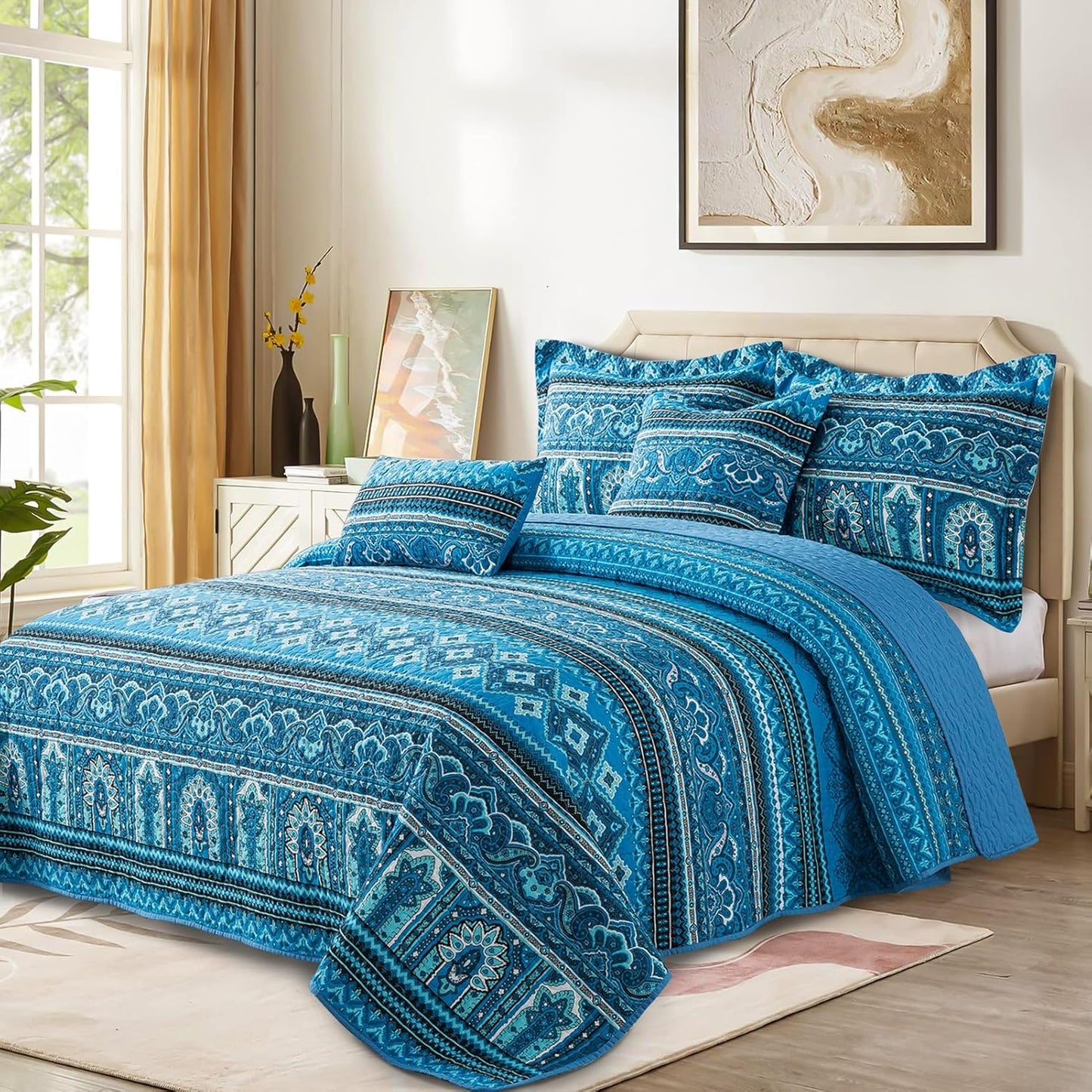VAPUTAR Cotton Quilt Queen Size Bedding Set - 3 Pieces Queen Quilt Bedding Set, Boho Queen Size Quilts, Lightweight Reversible Coverlets Bedspreads for Farmhouse Bedroom (Blue)