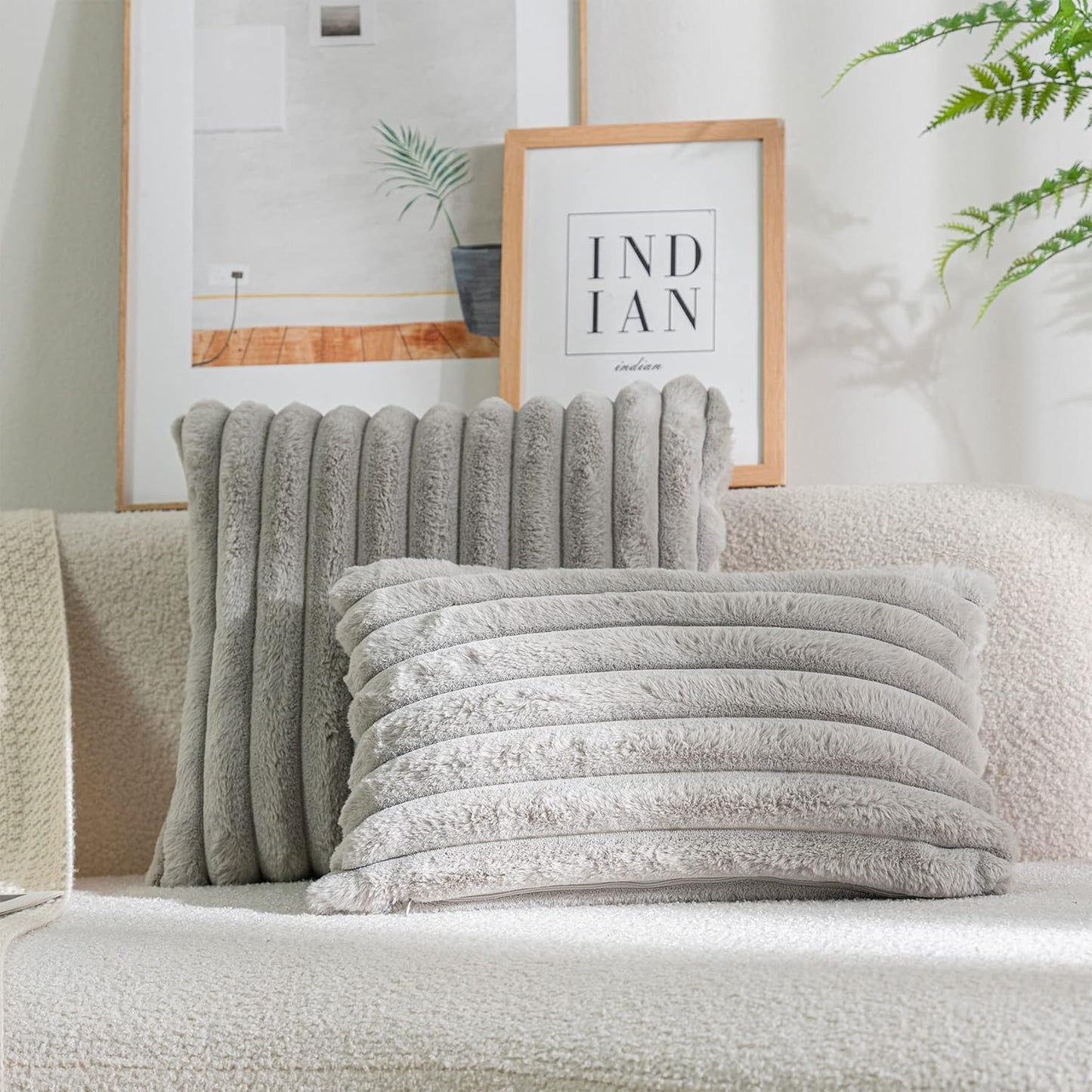 DEELAND Pack of 2,Double-Sided Faux Fur Plush Decorative Throw Pillow Covers Fuzzy Striped Soft Pillowcase Cushion Covers for Sofa Couch Bedroom Lightgrey 18x18 inch