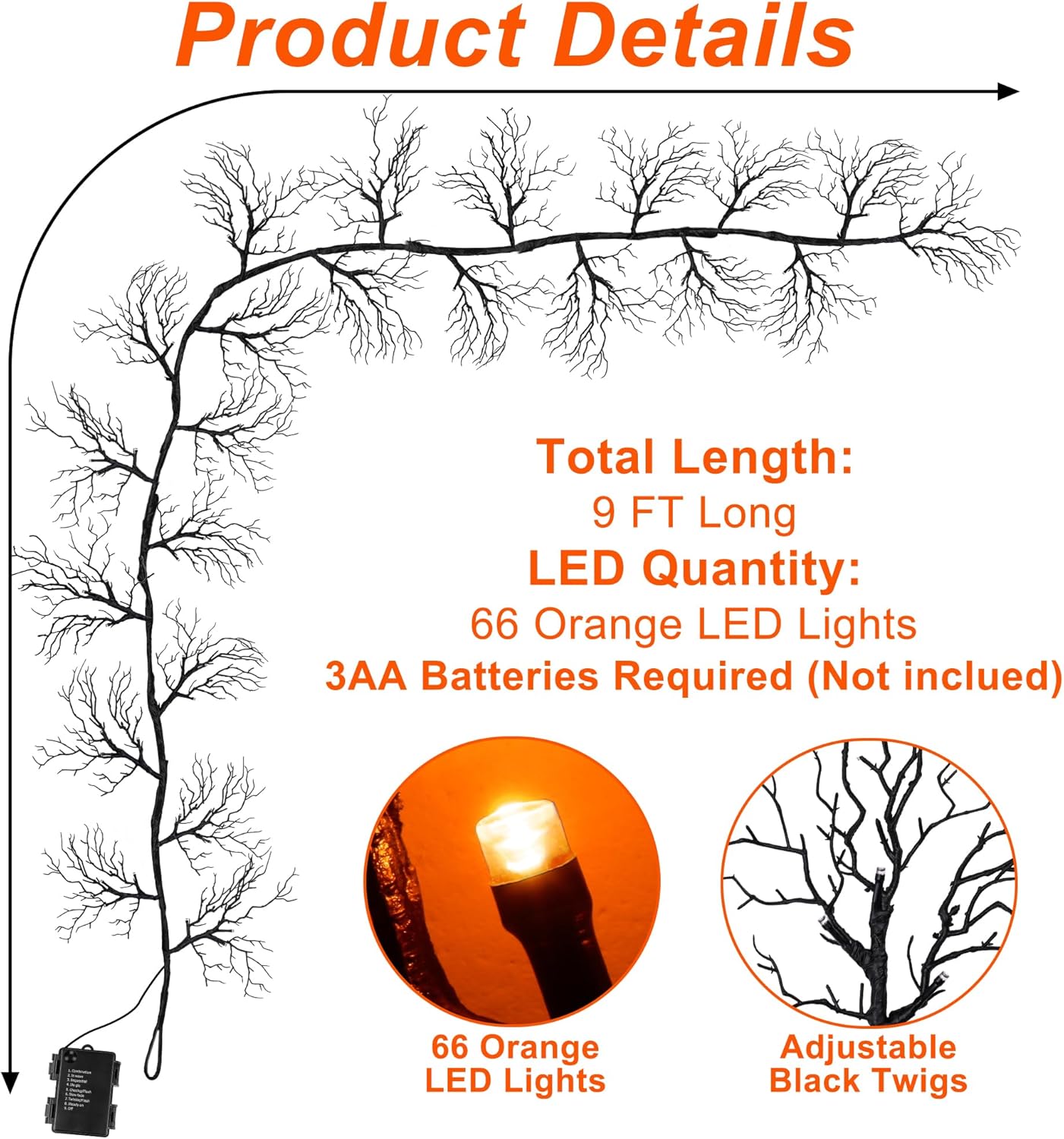 9 Ft 66 LED Willow Vine Twig Decor Black Halloween Garland with Orange Lights, Timer 8 Modes Waterproof Battery Operated Indoor Halloween Decorations for Wall Fireplace Mantle Home Office Party Decor