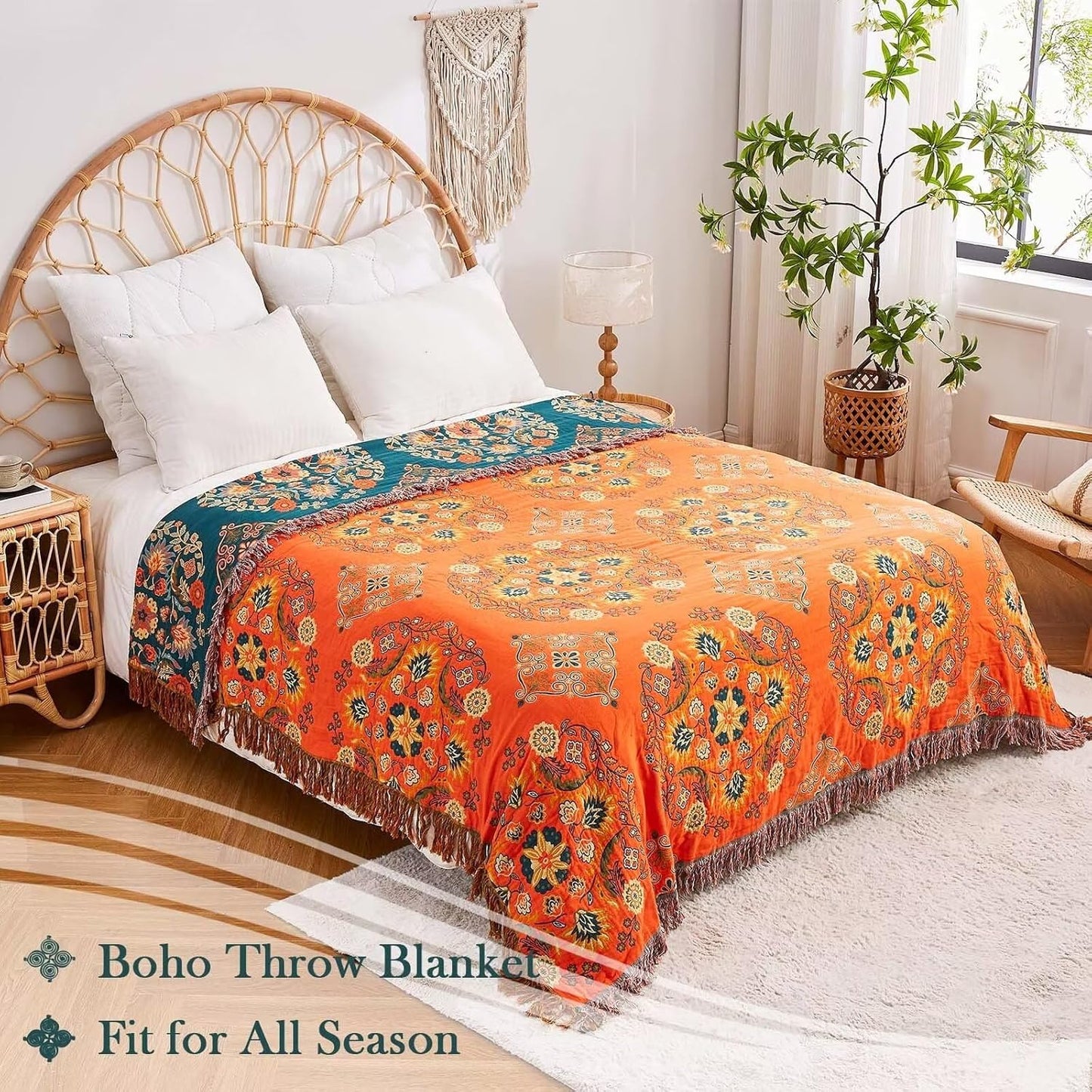 Boho Throw Blanket, 100% Cotton Ultra Soft Luxury Throw Rustic Quilt, 90"x98" Floral Printed Farmhouse Decor Bed Summer Blankets, All Season Rustic Reversible Bohemian Throw for Bed - Orange