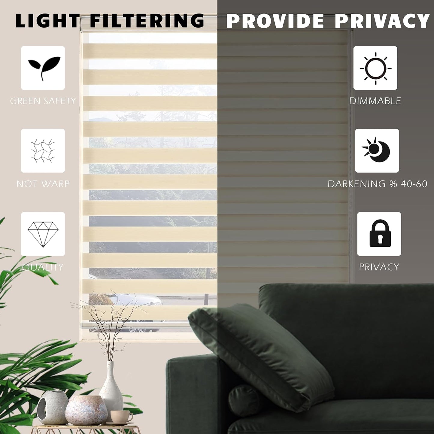 Zebra Blinds Window Blind Zebra Shade Blinds for Windows Roller Sheer Shades Privacy Light Filtering Shades for Home Kitchen Bathroom (Width 68'' X Height 72'' Cream)