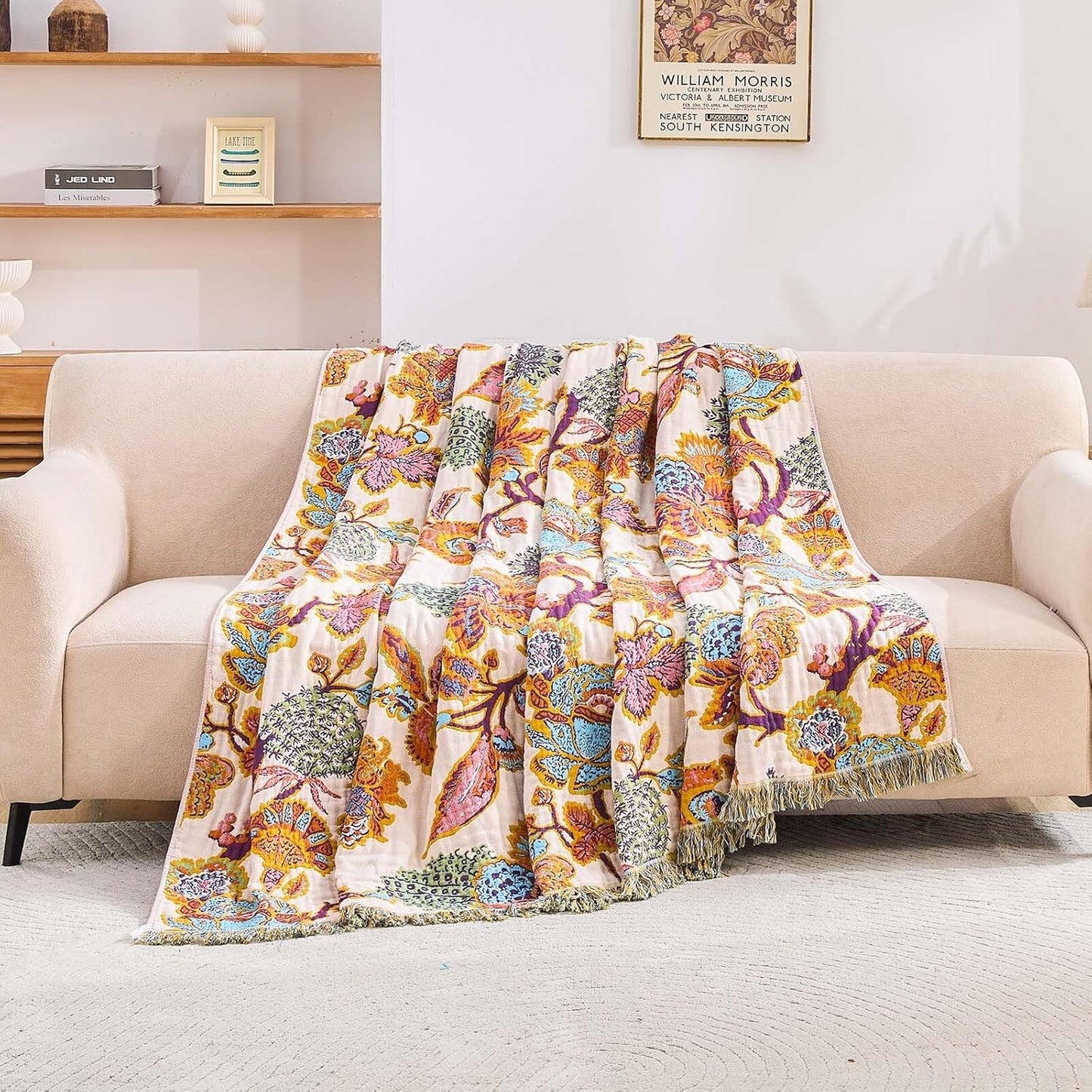 Boho Throw Blanket for Bed, 100% Cotton Soft Rustic Quilt Fall Blanket, 60"x80" Floral Printed Farmhouse Decor Bed Blankets, All Season Rustic Reversible Bohemian Throw Quilt