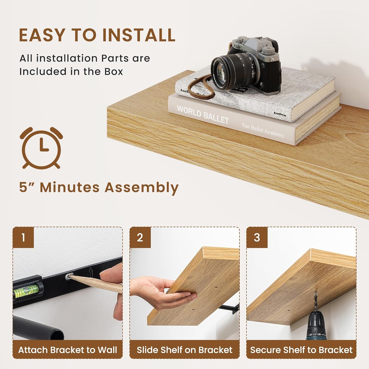 fuqing Floating Shelves for Wall, Bathroom Shelf Wall Mounted for Storage, Shelves with Invisible Bracket for Bedroom, Kitchen, Living Room, Farmhouse Small Book Shelf, 30 Inch Set of 2, Oak