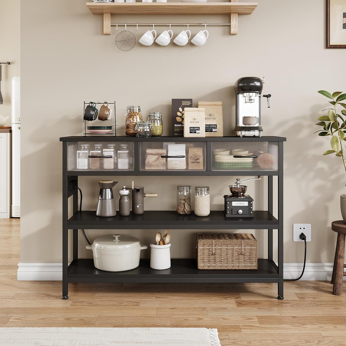 Lulive 2 Pack Entryway Table with Power Outlets, Console Table with 3 Fabric Drawers, Sofa Table for Living Room, Hallway, Couch, Foyer, Height Adjustable