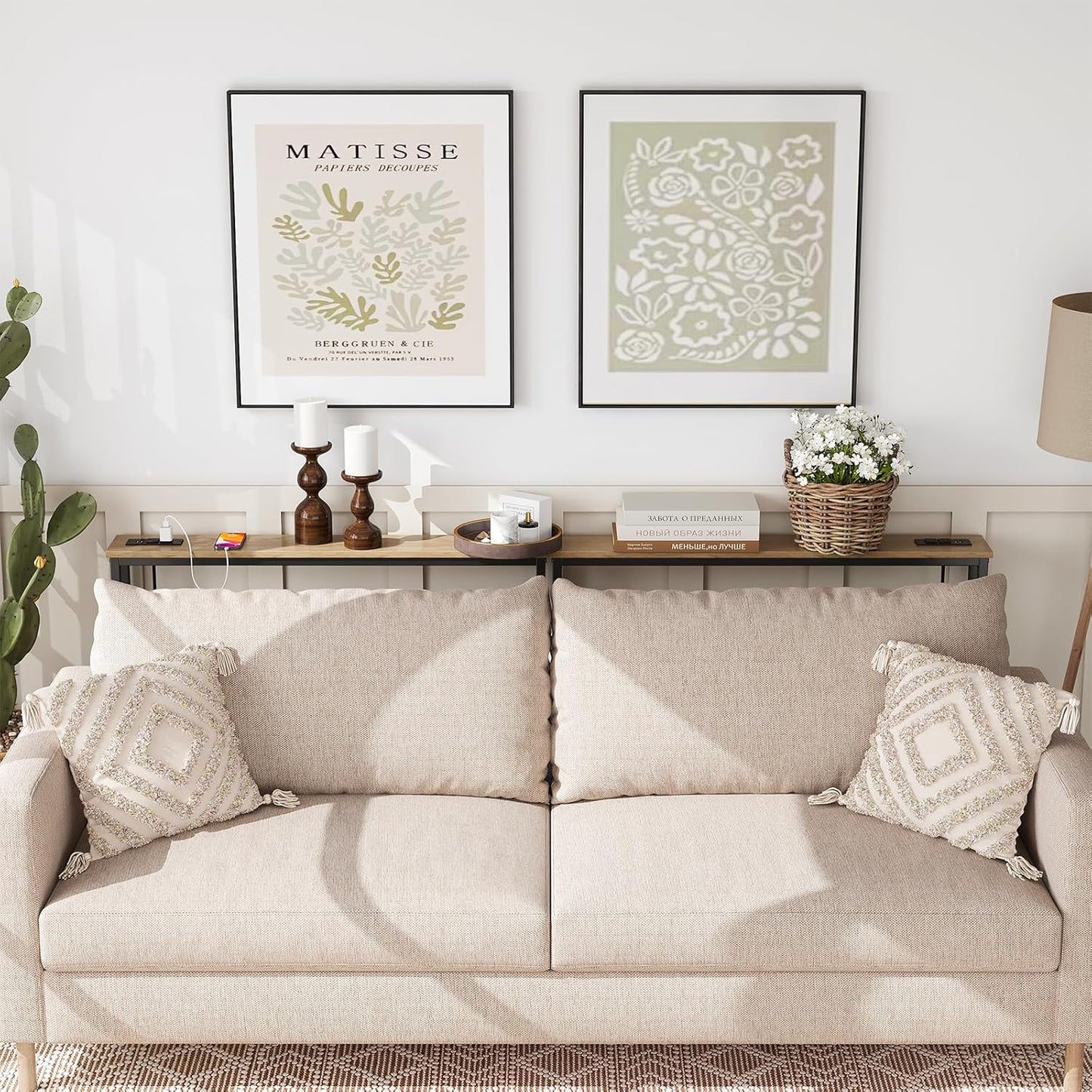 ELYKEN 2 Pack 5.9" Narrow Console Sofa Table with Power Outlets, 5.9" Dx39.4 Wx31.1 H Long Couch Table with Metal Frame and Charge Station with 6.5’ Extension Cord, White Oak