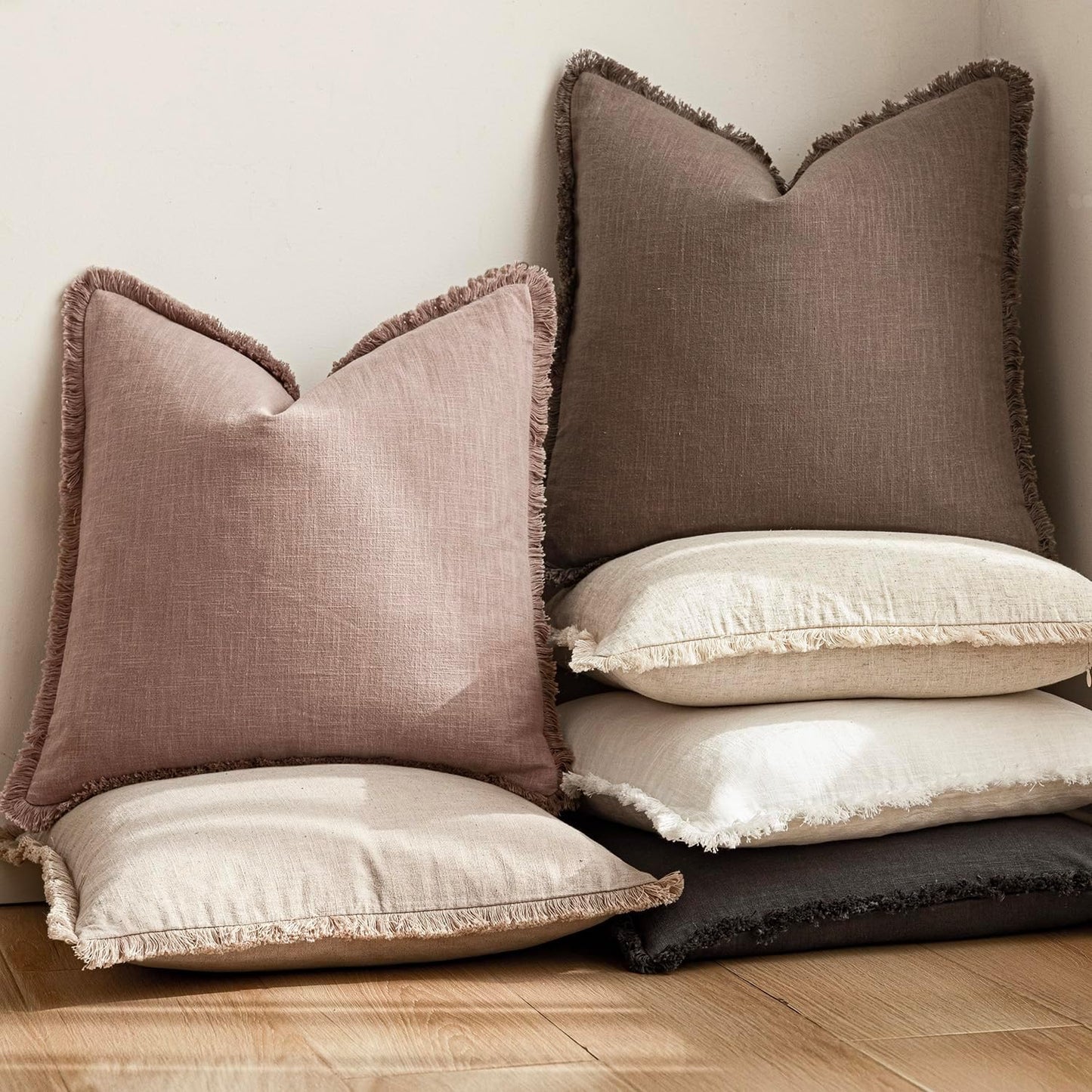 Foindtower Set of 2 Decorative Linen Fringe Throw Pillow Covers Boho Farmhouse Cushion Cover with Tassels Soft Accent Pillowcase for Couch Sofa Bed Living Room Home Decor,18×18 Inch,Dusty Pink