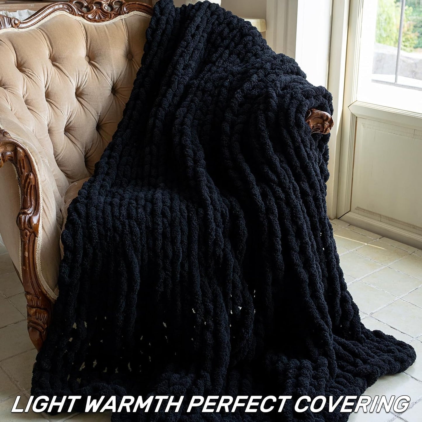 Chunky Knit Blanket - Luxury Soft Cozy 50 * 60 Throw Blanket,100% Woven Blanket Rope Knot Throw Blanket for Couch, Sofa, Home Decor, Gift - Machine Washable（Black）