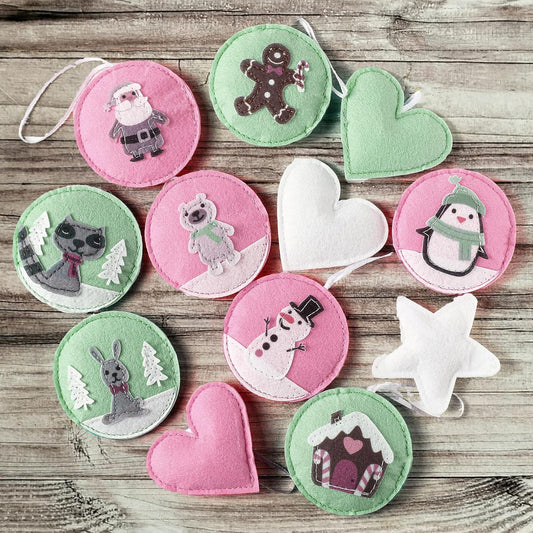 12 Pcs Christmas Felt Ornaments for Tree Santa Claus Snowman Gingerbread 3D Pink Pastel Mint Turquoise Decoration Hanging Felt Craft for Christmas Party Favors Gifts