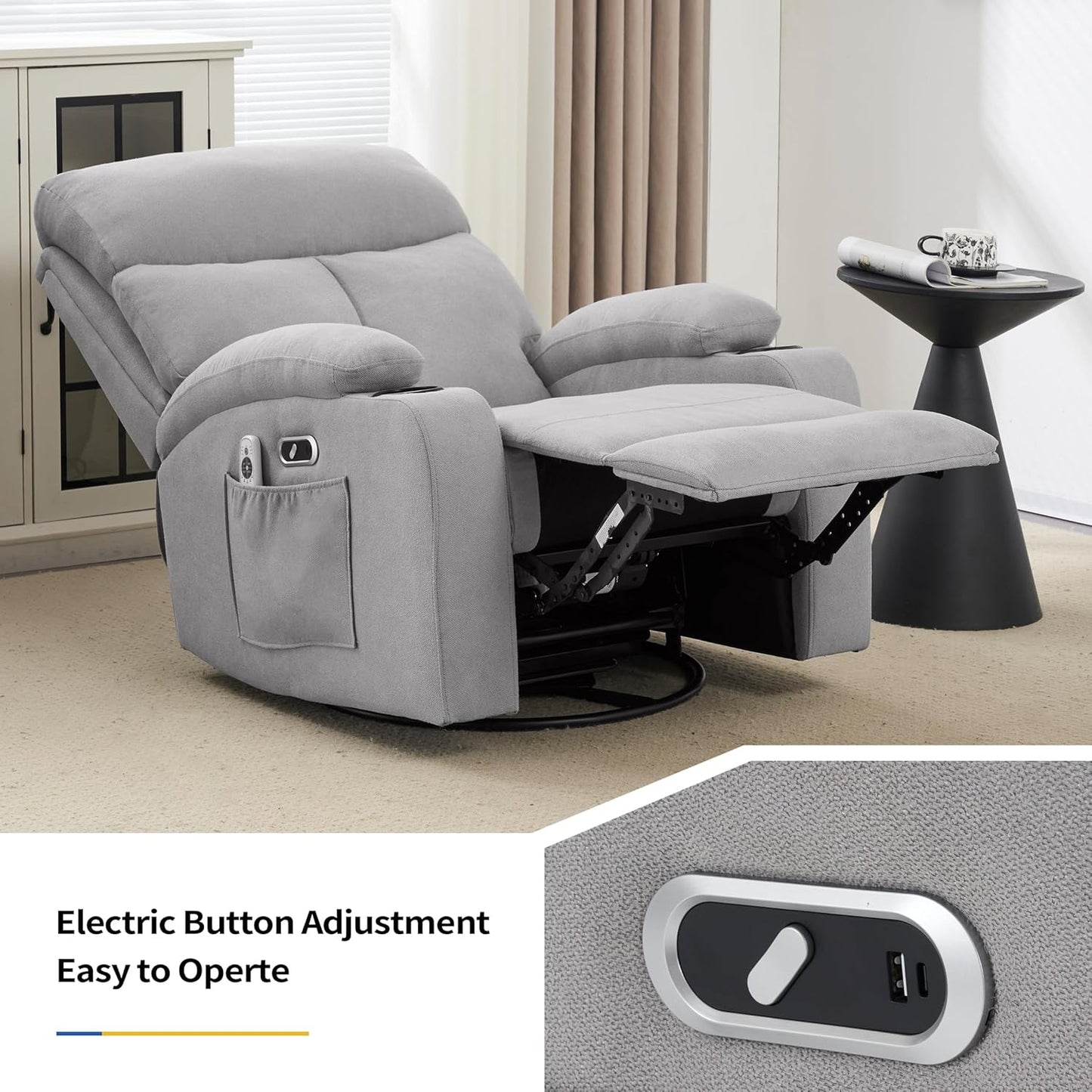 Swivel Power Recliner Chair for Adults with Full Body Massage, Electric Rocker Recliner Chairs for Living Room with USB and Type-C Ports, Fabric Rocking Reclining Sofa Chair (LightGrey)