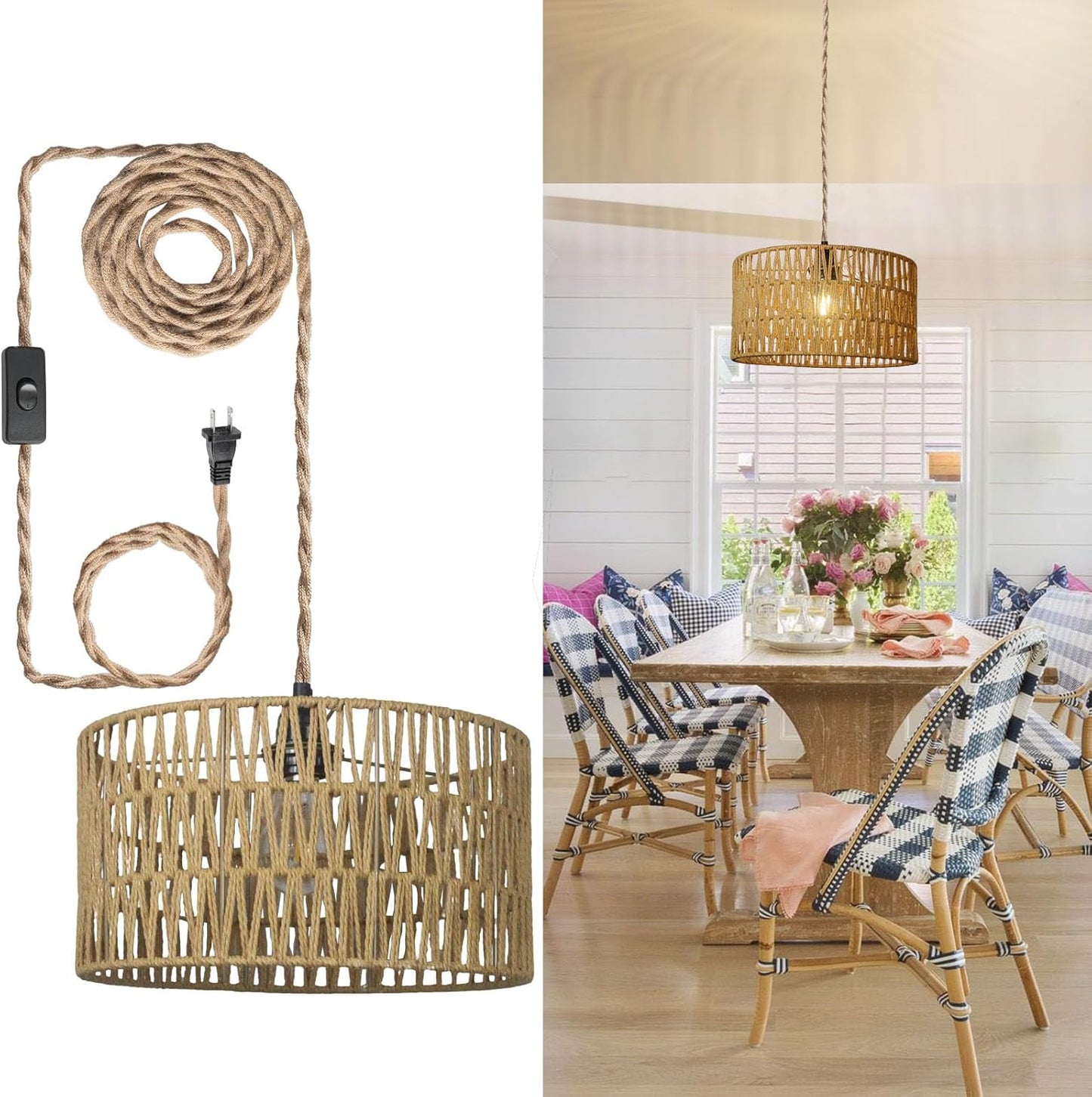 12.6 Inch Boho Hanging Light with Plug in Cord Rattan Hanging Lamp Hand Woven Rattan Wall Lightfor Bedroom, Living Room, Kitchen, Nursery, E26 Base, Indoor,Without Bulb