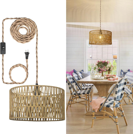 12.6 Inch Boho Hanging Light with Plug in Cord Rattan Hanging Lamp Hand Woven Rattan Wall Lightfor Bedroom, Living Room, Kitchen, Nursery, E26 Base, Indoor,Without Bulb