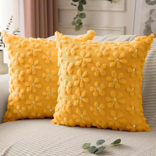DFXSZ Spring Summer Pillow Covers 18x18 inch Set of 2 Farmhouse Decor White Flower Heart Daisy Soft Plush Faux Fur Jacquard Throw Pillows for Bedroom Sofa Holiday Spring Summer Home Decor PTK024AY18