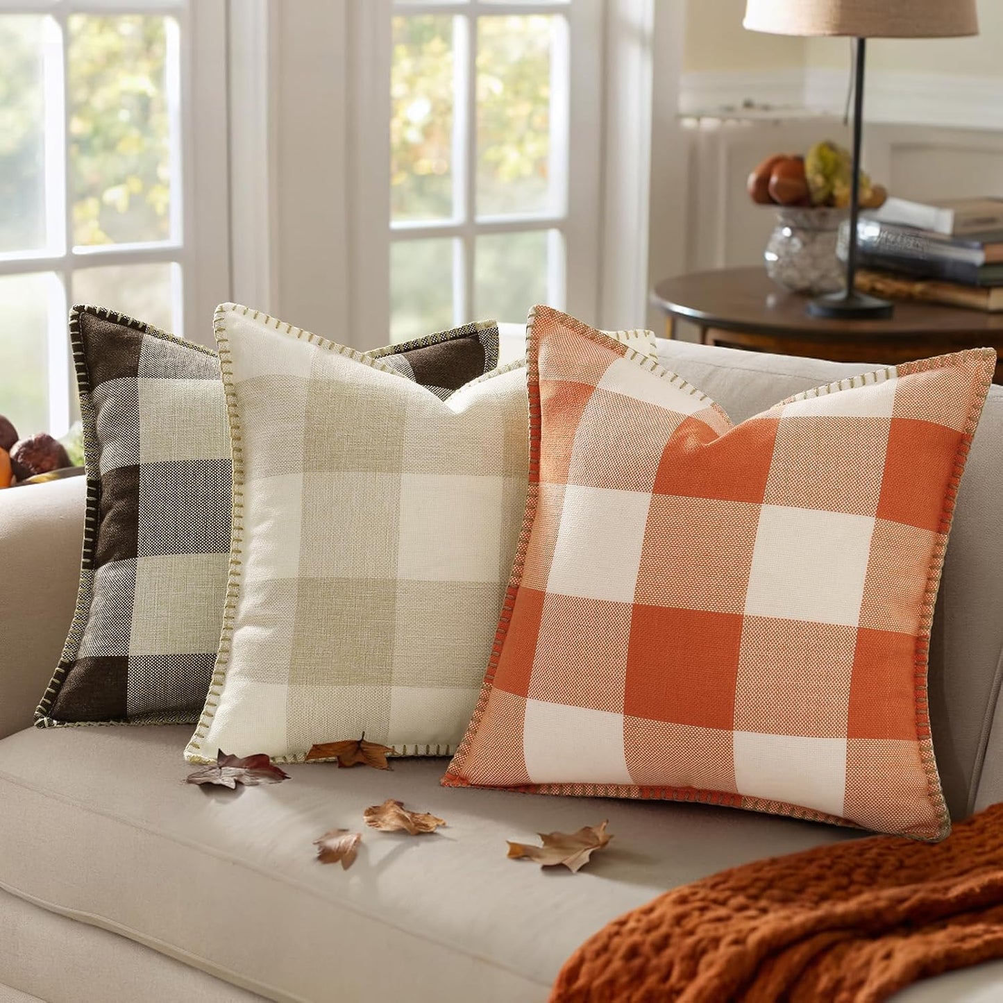 decorUhome Buffalo Plaid Check Fall Throw Pillow Covers 18x18 Set of 2, Outdoor Decorative Farmhouse Pillow Covers with Stitched Edge for Bed Couch Sofa, Cream White and Beige