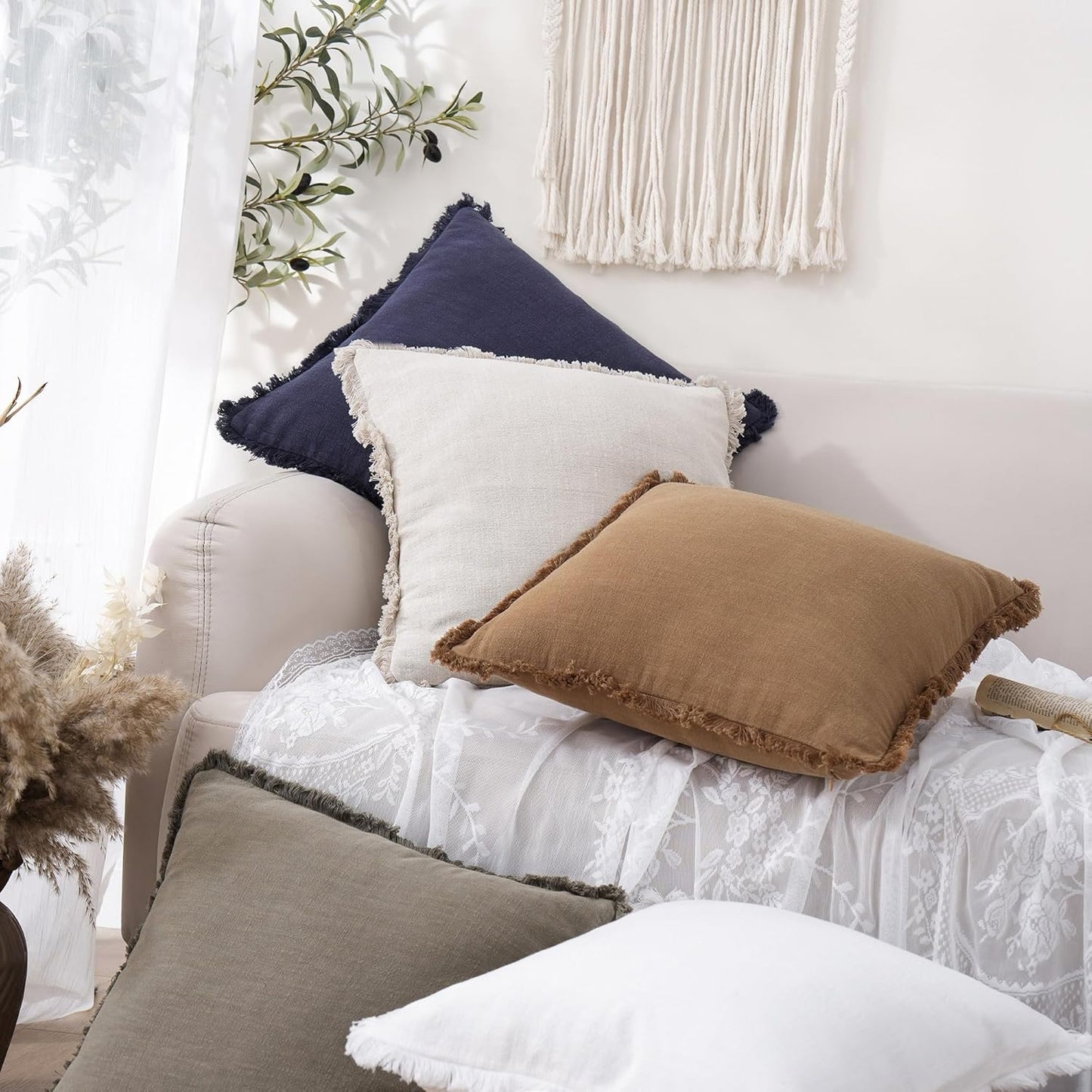 Foindtower Set of 2 Decorative Linen Fringe Throw Pillow Covers Cozy Boho Farmhouse Cushion Cover with Tassels Soft Accent Pillowcase for Couch Sofa Bed Living Room Home Decor, 24×24 Inch, Khaki Brown