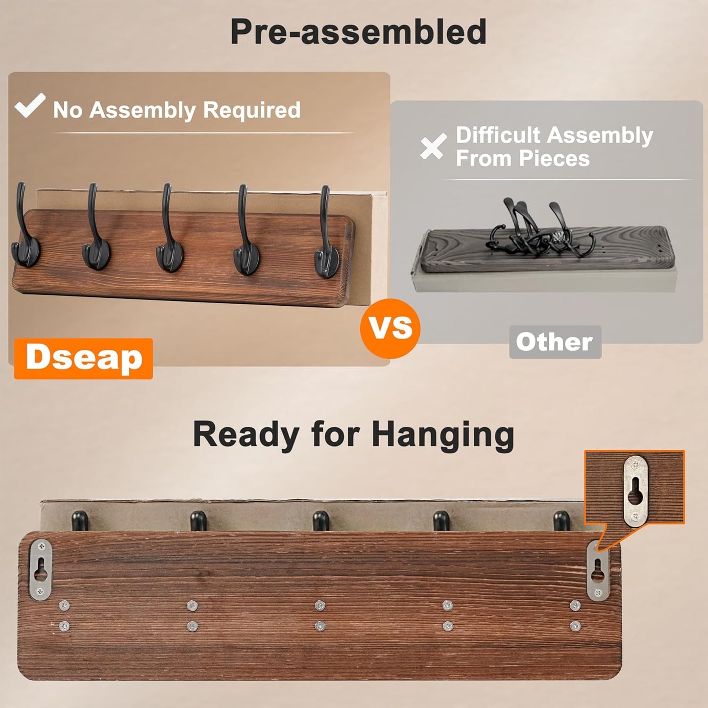 Dseap Wall Mounted Coat Rack: Patented, Heavy-Duty, 17.4" Long 5-Double-Hooks Wooden Hanger Rail for Winter Coats, Hats, Jackets, Clothing - Black, Pack of 2