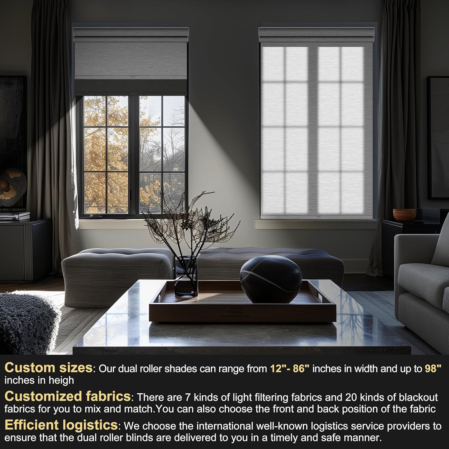 BERISSA Cordless Dual Roller Shades with Cassette Valance, Double Window Shades - Blackout and Light Filtering - Day and Night for Home Office Door, Grey and White. 70 W x 44" H