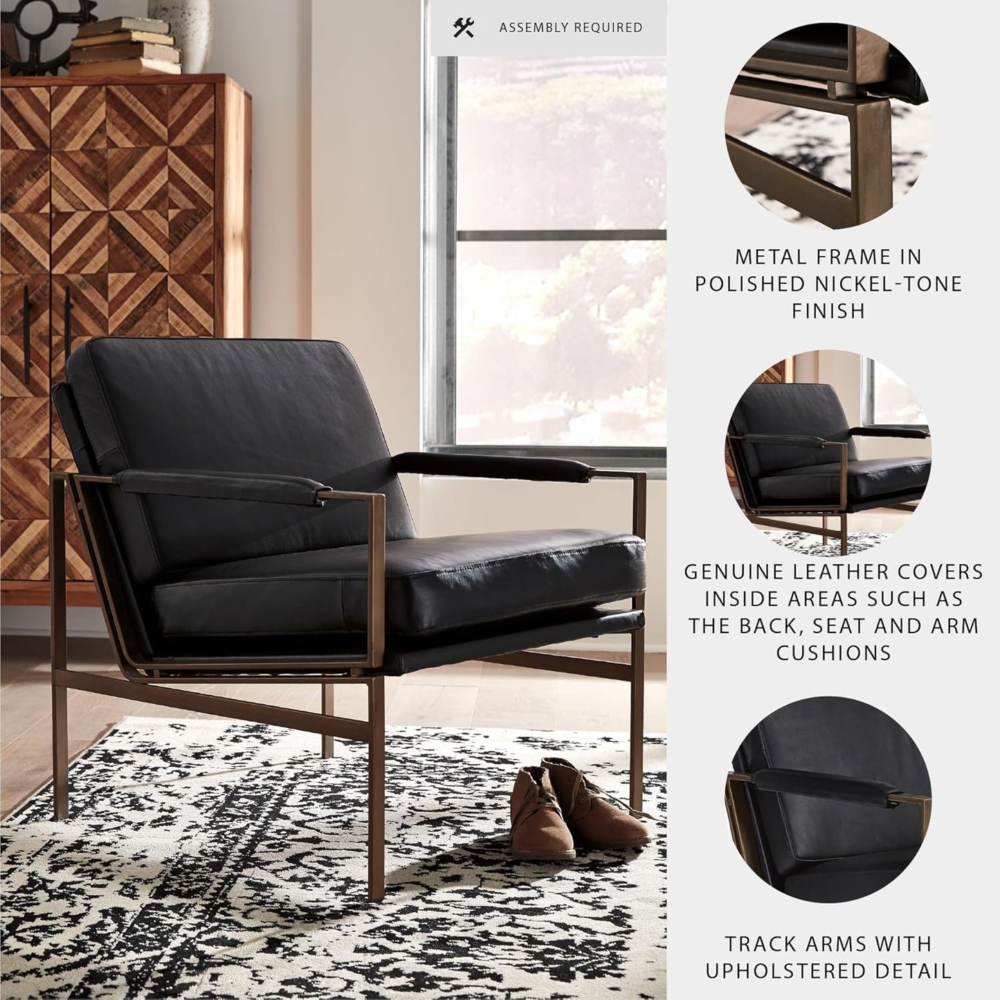 Signature Design by Ashley Puckman Mid-Century Modern Leather Accent Chair, Black