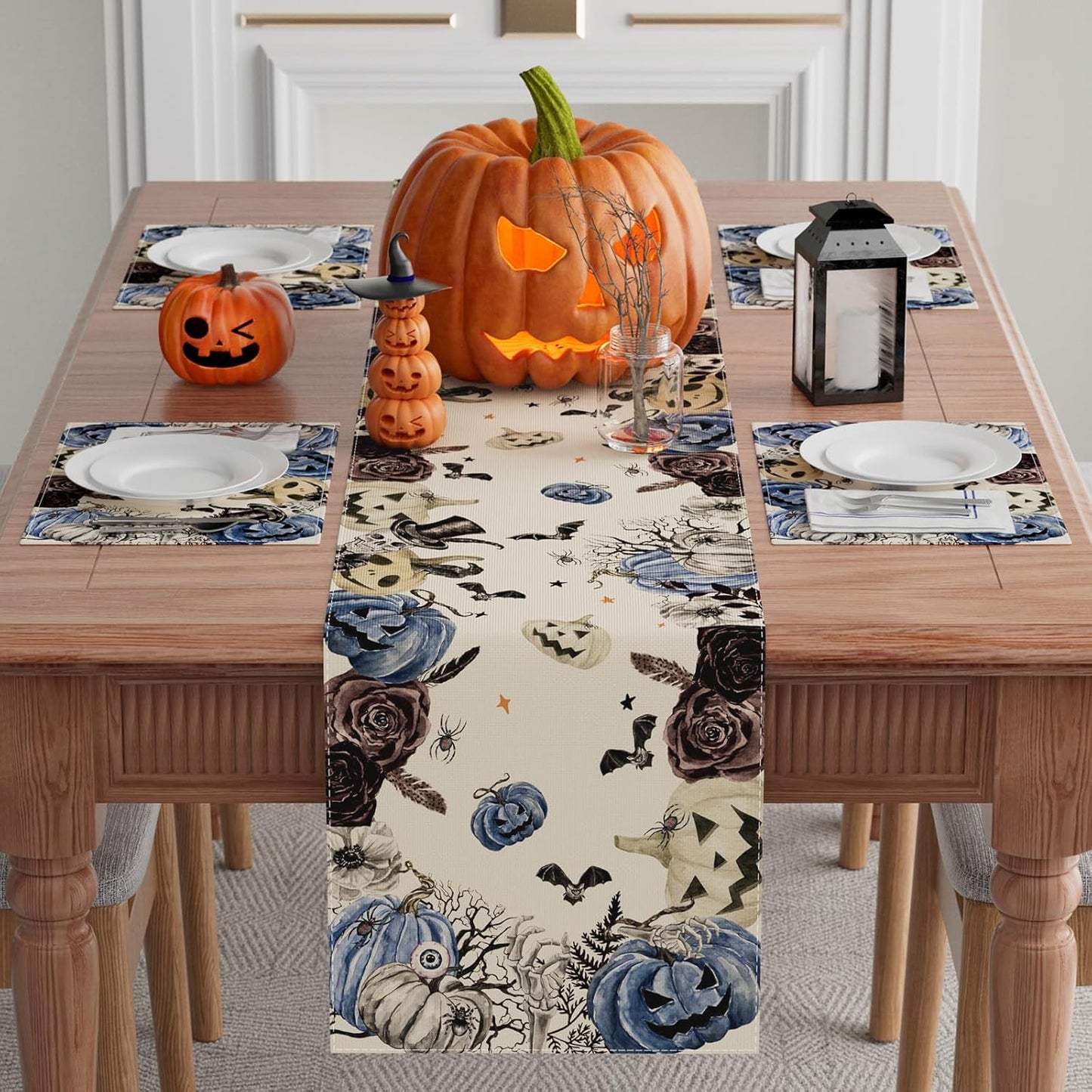 XCHI Spooky Blue Pumpkin Halloween Table Runner Party Table Decoration for Home Kitchen Dining Holiday Decor 13x60 Inch
