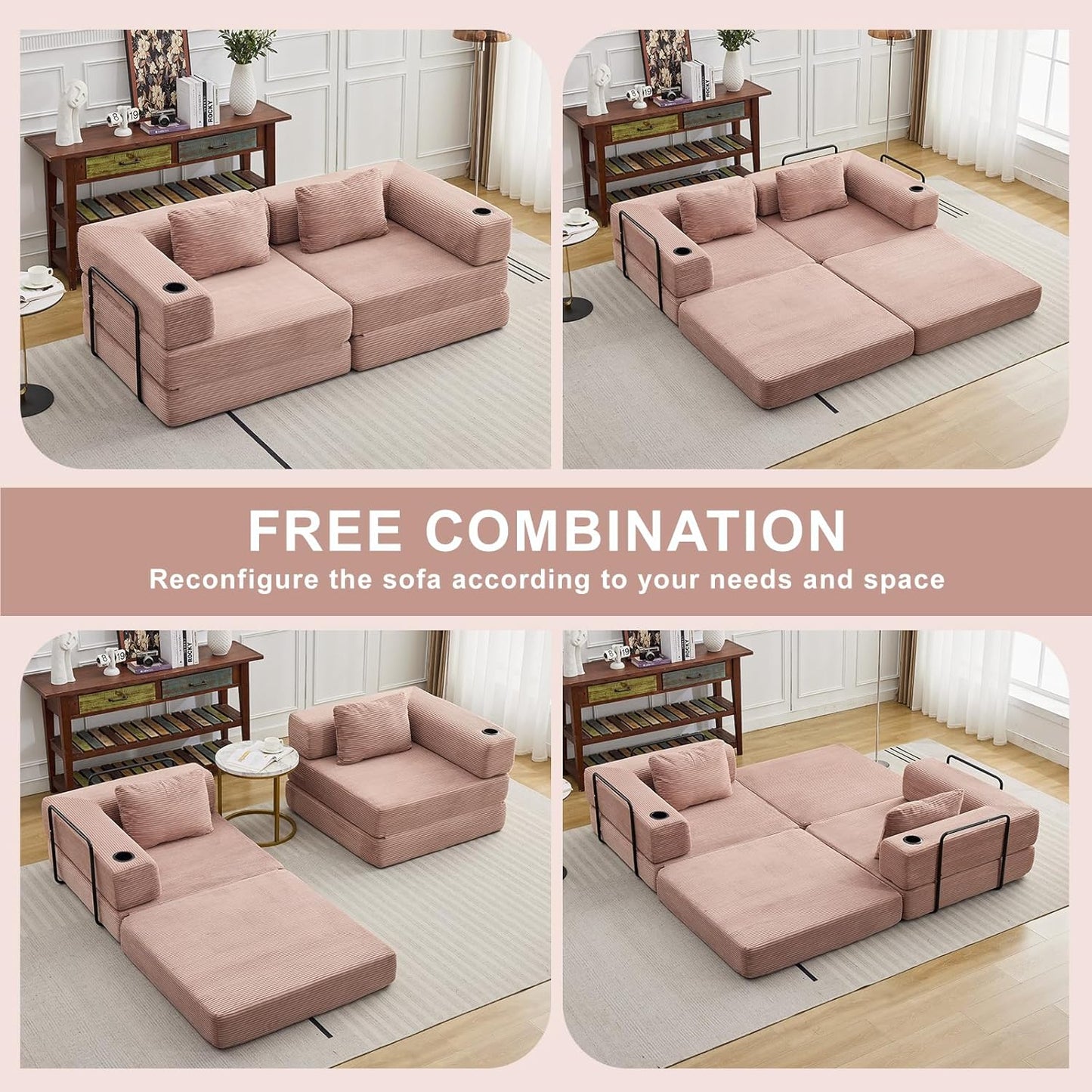 78" W Loveseat Sofa, 4 in 1 Convertible Floor Sofa Bed, Boneless Cloud Couch with Cup Holder, Fold Out Floor Couch, Loveseat Recliner Sleeper for Living Room Bedroom Lounge(Corduroy, White)