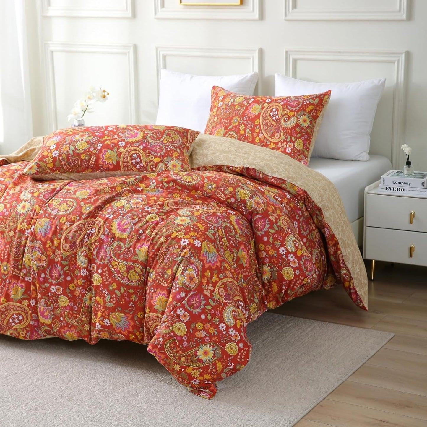 ABREEZE Paisley Bedding Sets 3Pcs Brushed Cotton Duvet Cover Set Queen Size Rustic Damask Red Floral Comforter Cover with Zipper Closure Boho Bedding Collections