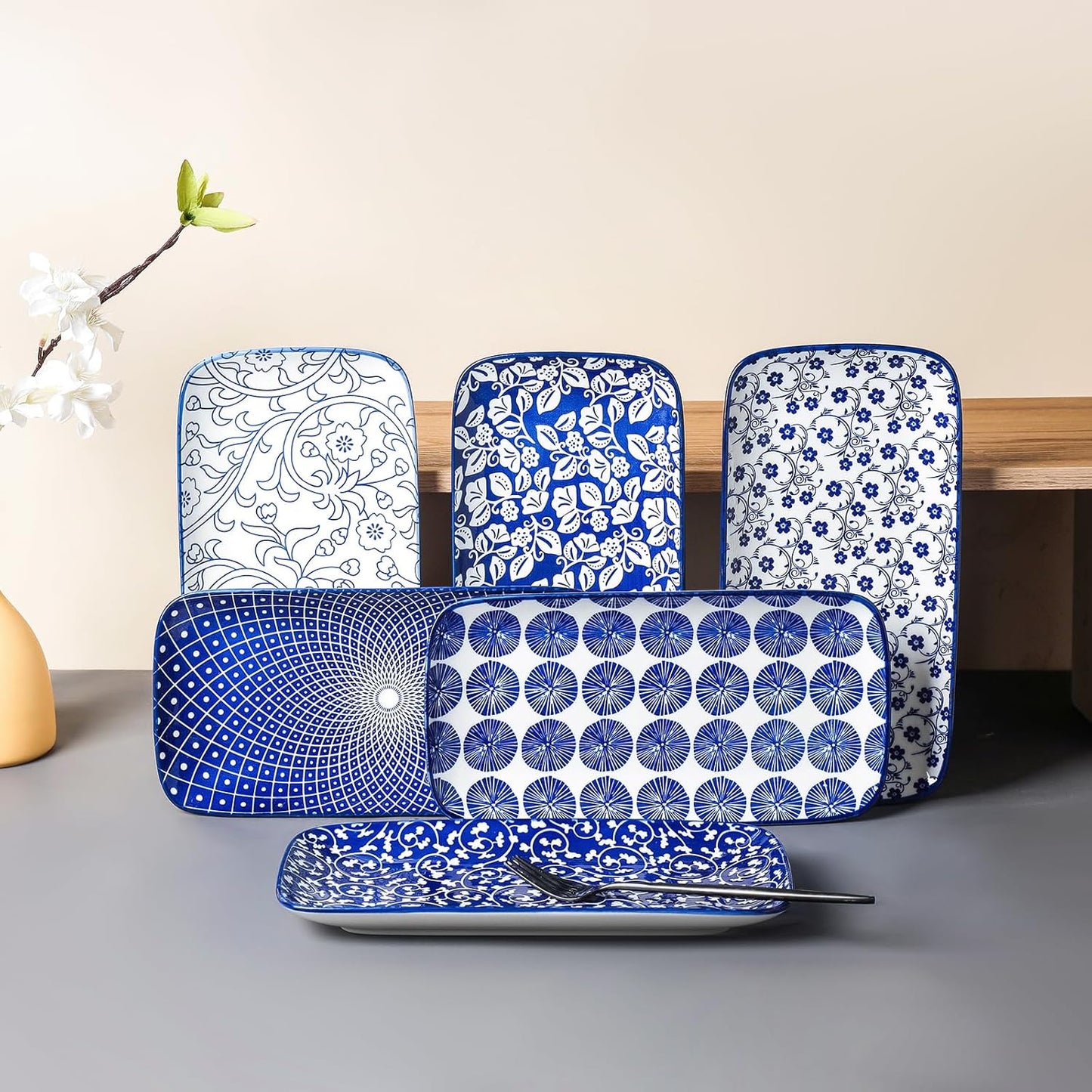 Selamica Ceramic Serving Platters, 12 Inch Serving Trays for Party Entertaining, Large Rectangular Serving Plates for Food, Set of 6, Vintage Blue