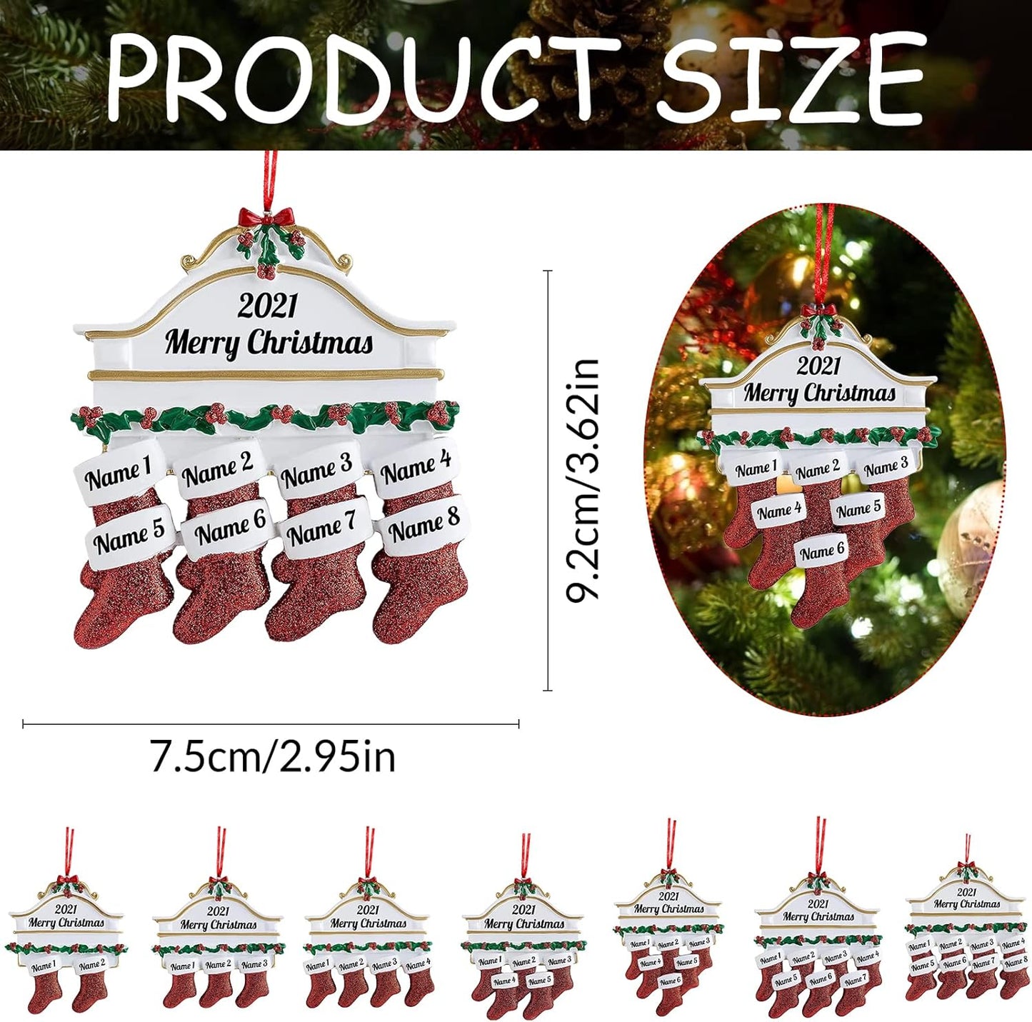 Personalized Christmas Ornaments Family of 2,3,4,5,6,7,8 Custom Christmas Stocking Ornaments with Names, Customized Xmas Day Home Christmas Tree Decora- Family of 8