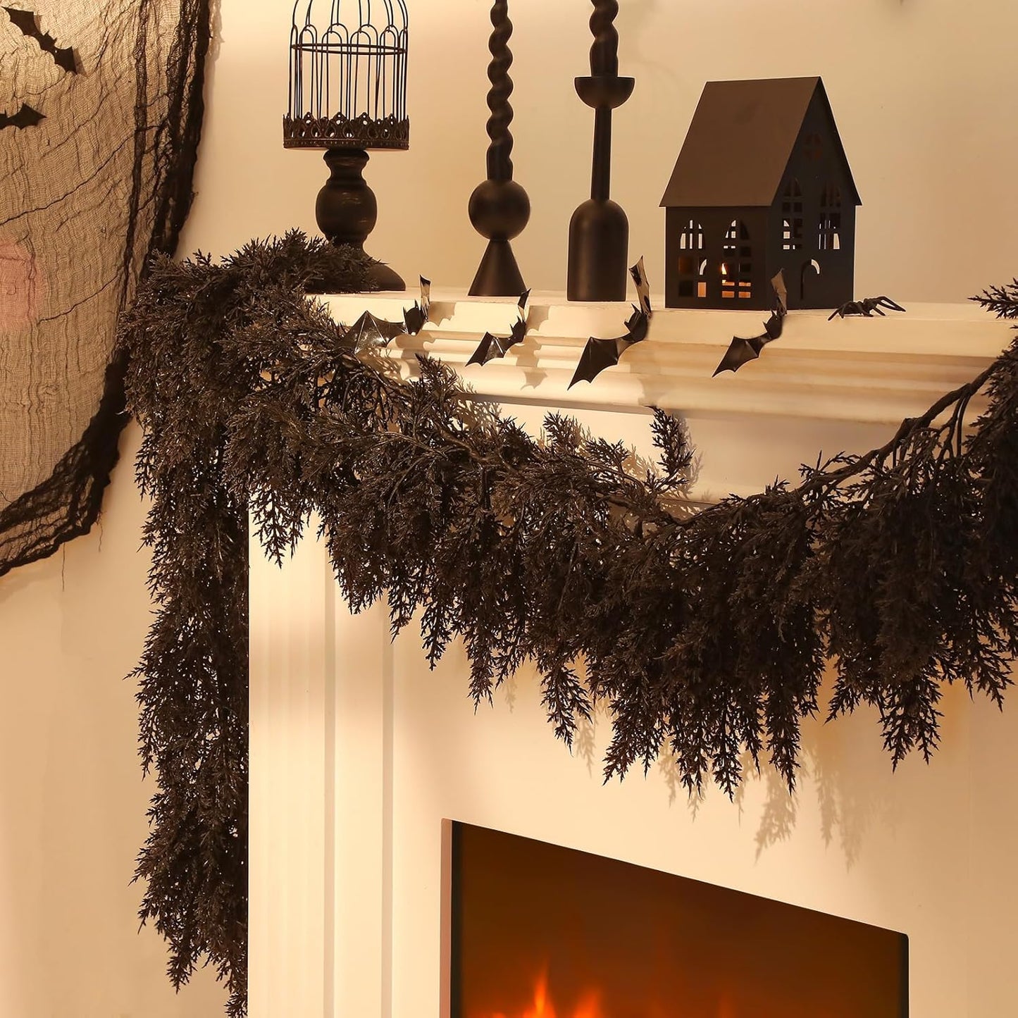 Dingion Black Artificial Cedar Garland - 9 ft Halloween Faux Cedar Pine Hanging Party Decoration Halloween Realistic Garland for Home, Mantle & Fireplace