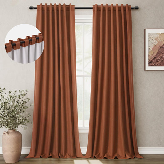 BOODII Terracotta 120 Inch Long Blackout Curtains for Living Room Linen Blend Back Tab Neutral Modern Room Darkening Curtains Thermal Insulated Black Out Curtain for High French Window Burnt Orange