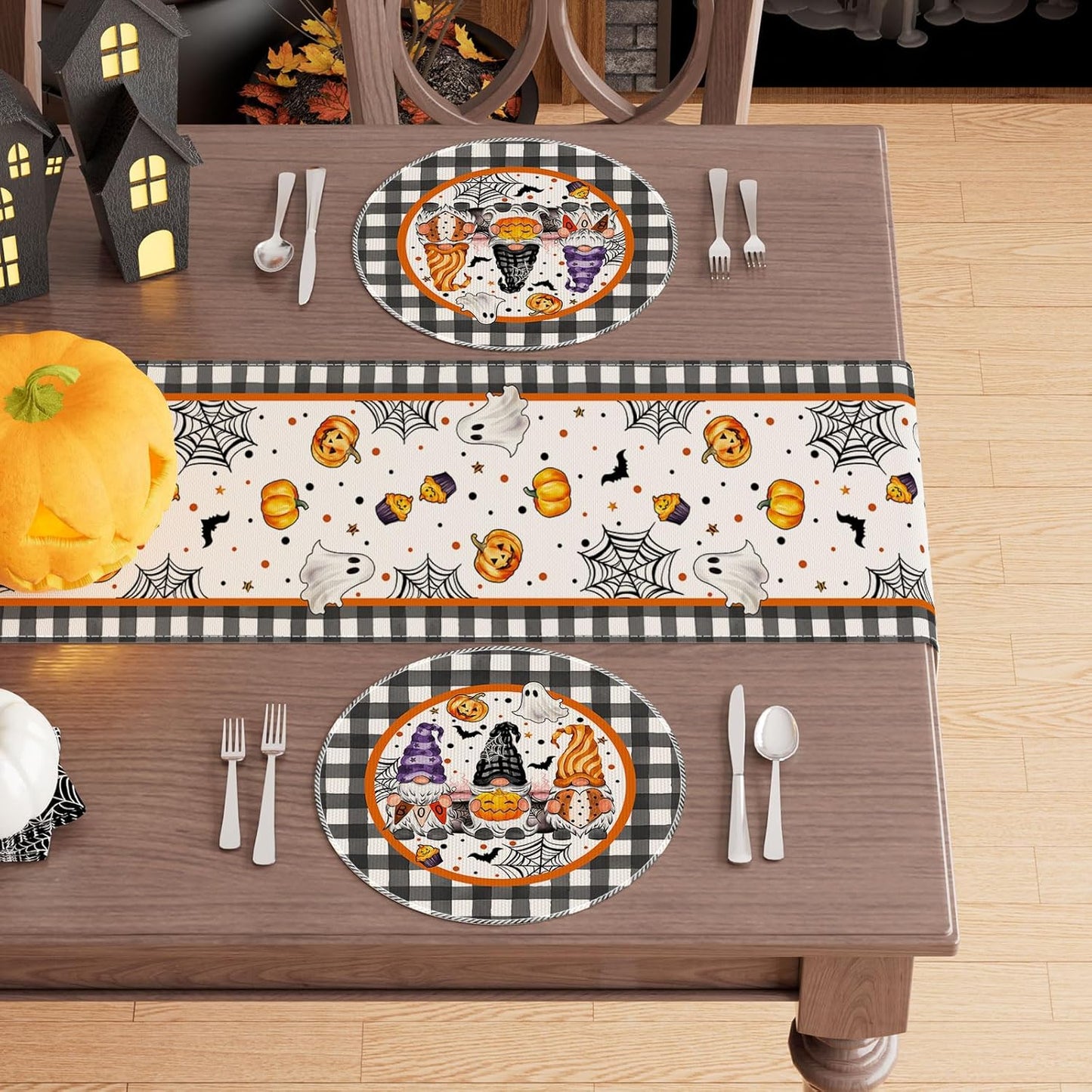 XCHI Spooky Boo Plaid Gnome Halloween Round Placemats Set of 4 Table Mats for Party Home Kitchen Dining Table Decorations 14x14 Inch