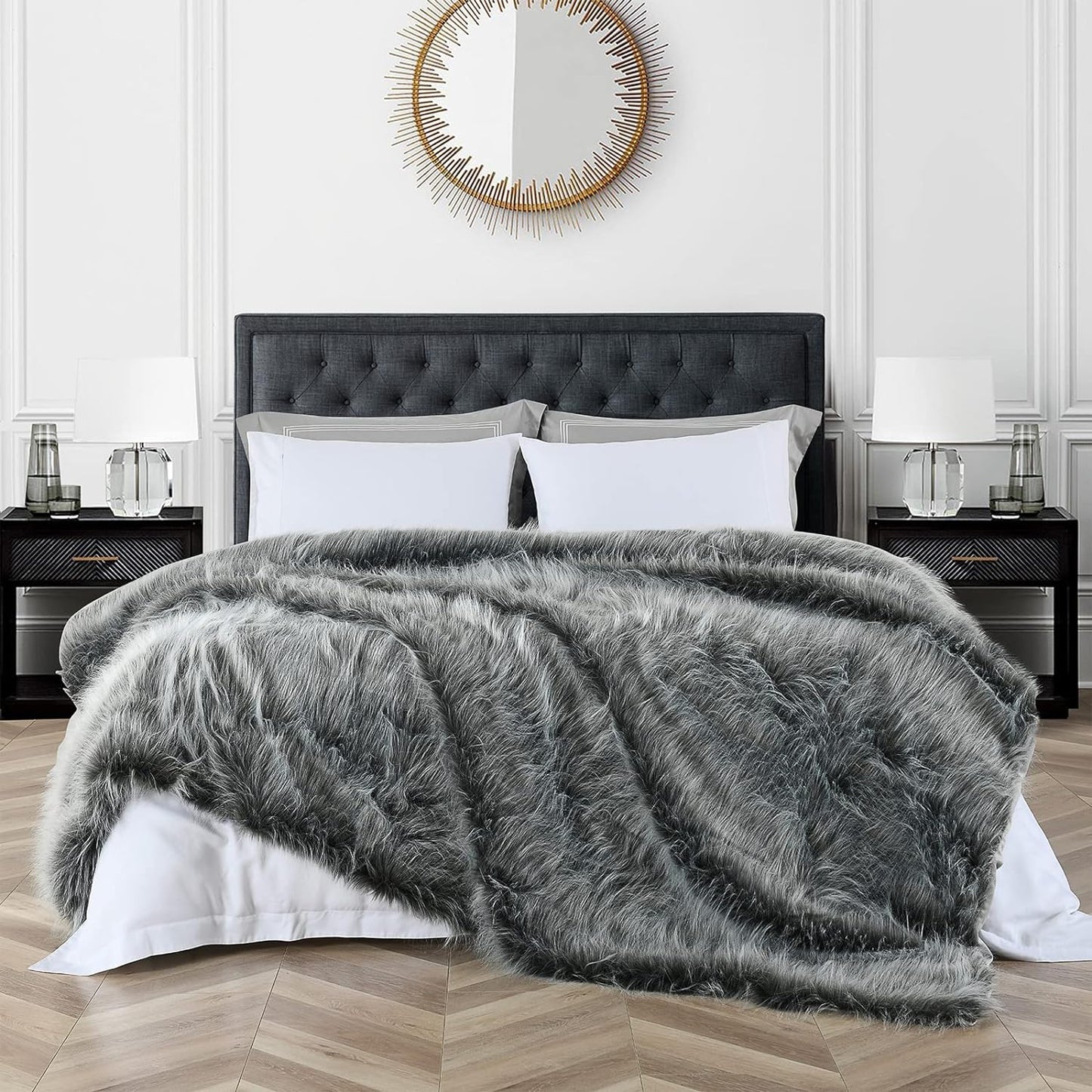 Luxury Faux Fur Blanket King Size, Ultra Big Grey and Black High Pile Mixed Faux Fur Throw Blanket, Oversized Super Warm, Fuzzy, Elegant, Fluffy Decoration Throws for Sofa, Couch and Bed, 104''x 90''