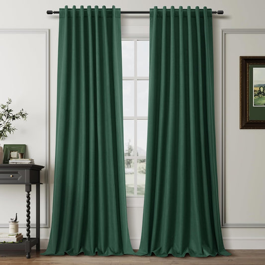 BOODII Room Darkening Curtains 120 Inch Back Tab Thermal Insulated Black Out Linen Drapes Extra Long Blackout Curtains for Patio Door Large Window Ceiling to Floor Light Blocking Green 52x120