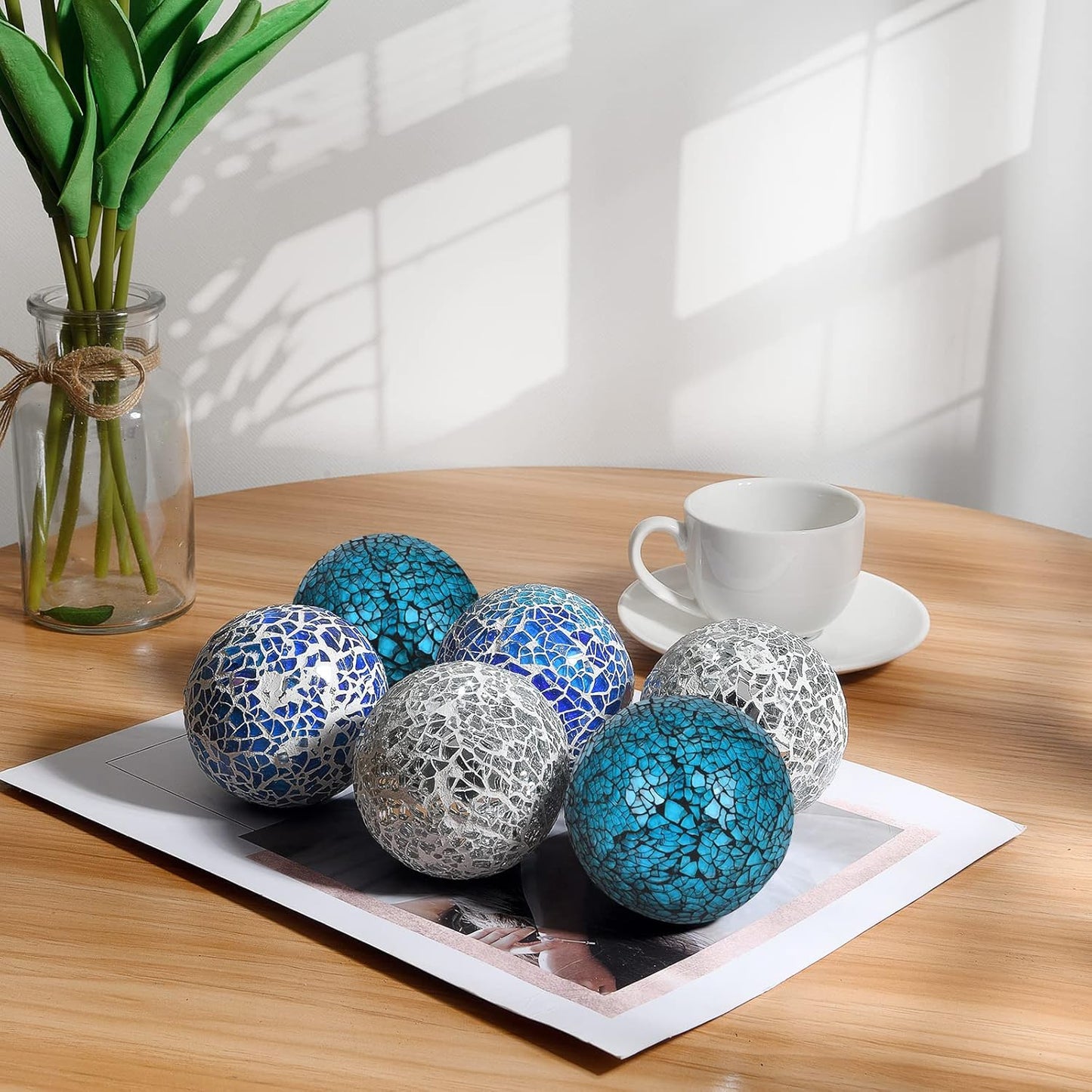 6Pcs Decorative Ball Set, 6cm/2.4inch Mosaic Glass Orbs Centerpiece Balls for Decorate Tables Wedding Party (Silver)