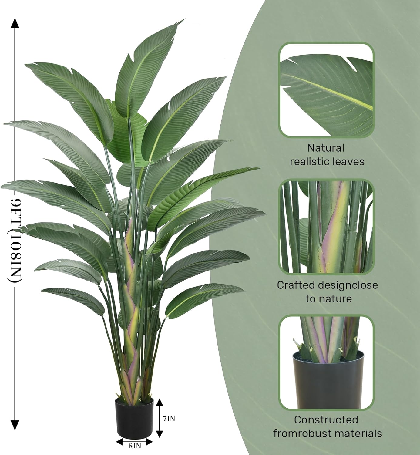 9FT Artificial Bird of Paradise Tree(108in) Tall Faux Plant with Large Trunks and Realistic 25 Leaves, Fake Tropical Floor Potted Artificial Plants for Home Office Indoor Decor (9feet,1Pack)